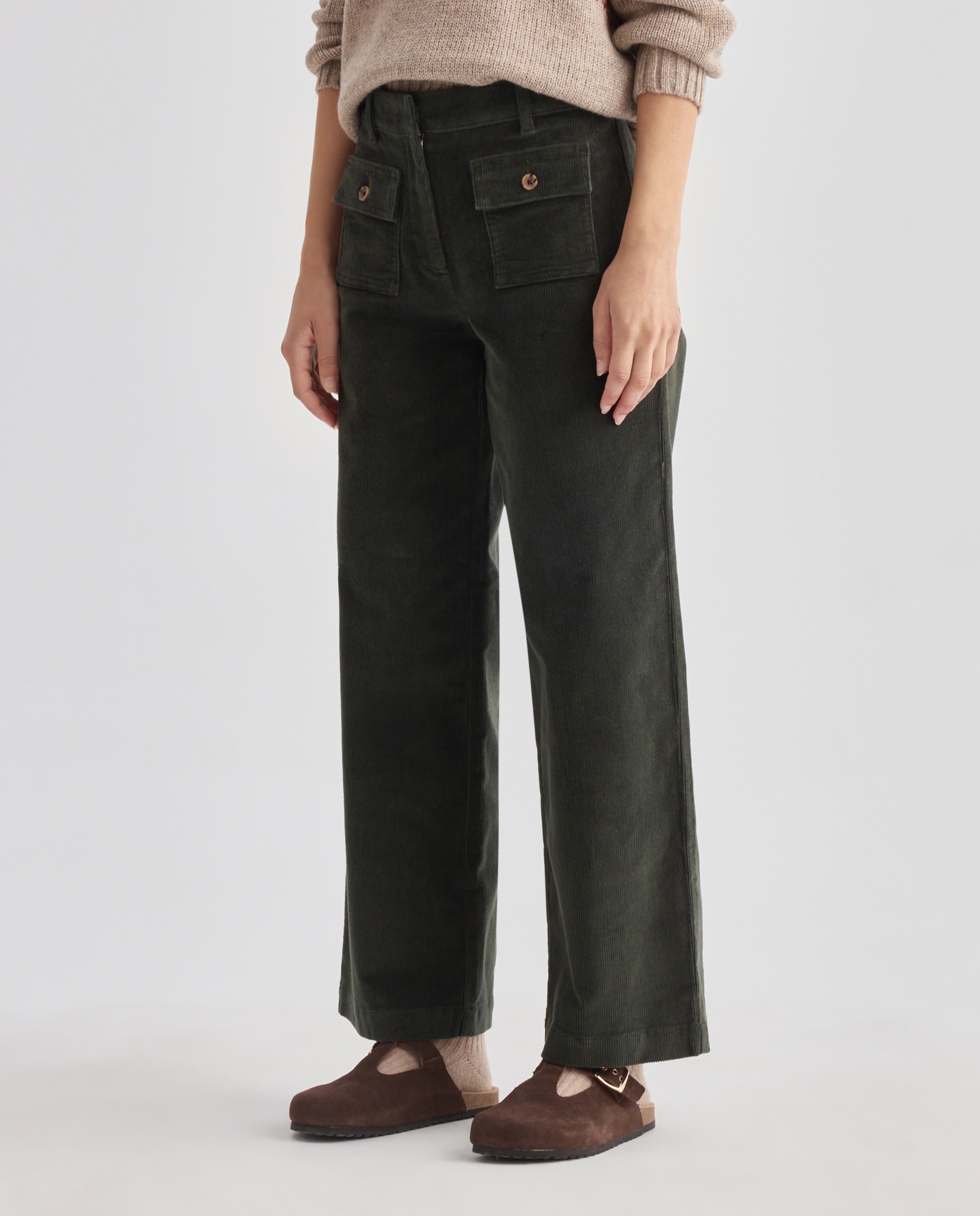 Pantalón de mujer wide-leg de pana Verde-2