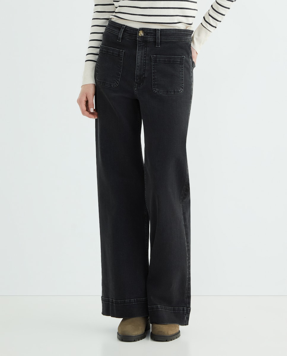 Pantalón denim campana de mujer con bolsillos Negro intenso-2