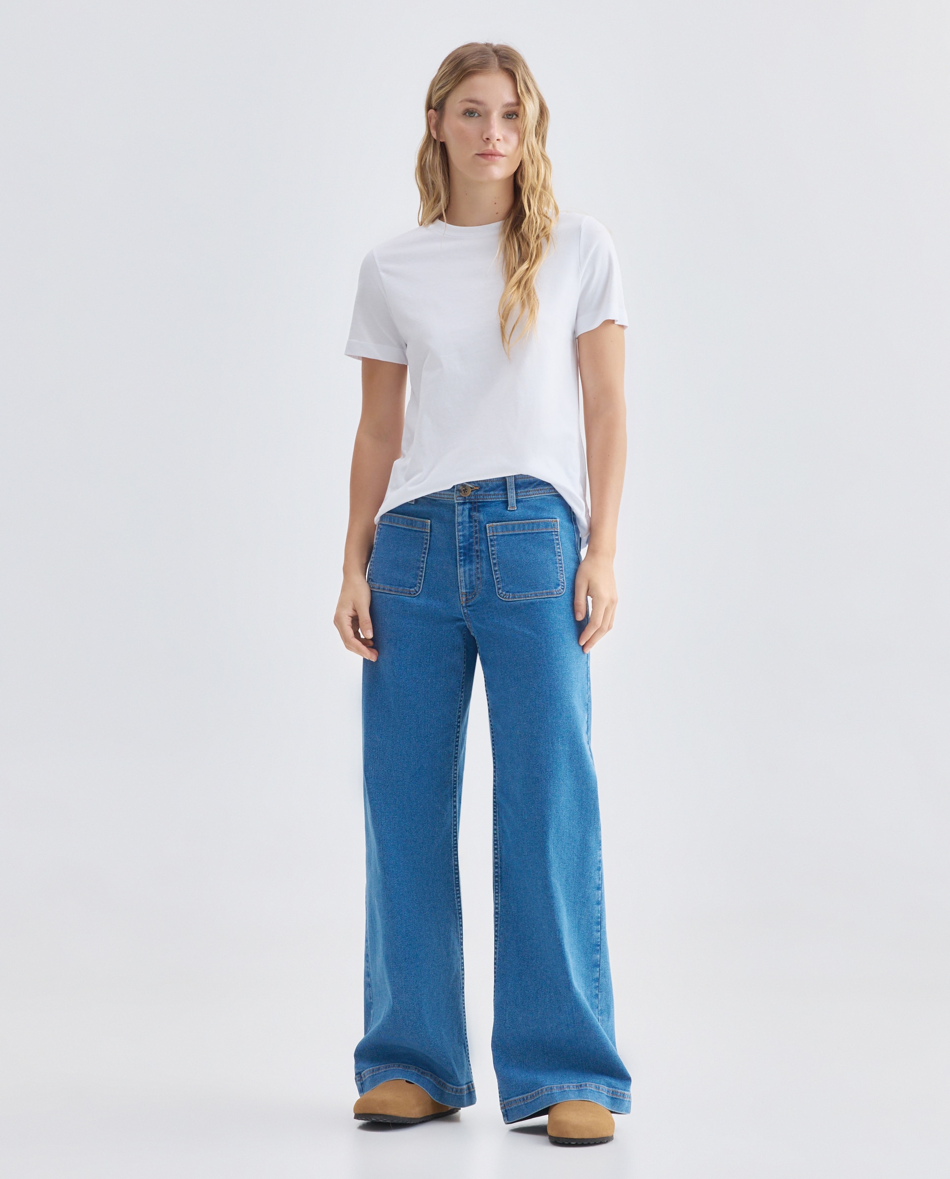 Imagen 0 de Pantalón de mujer denim wide-leg con bolsillos
