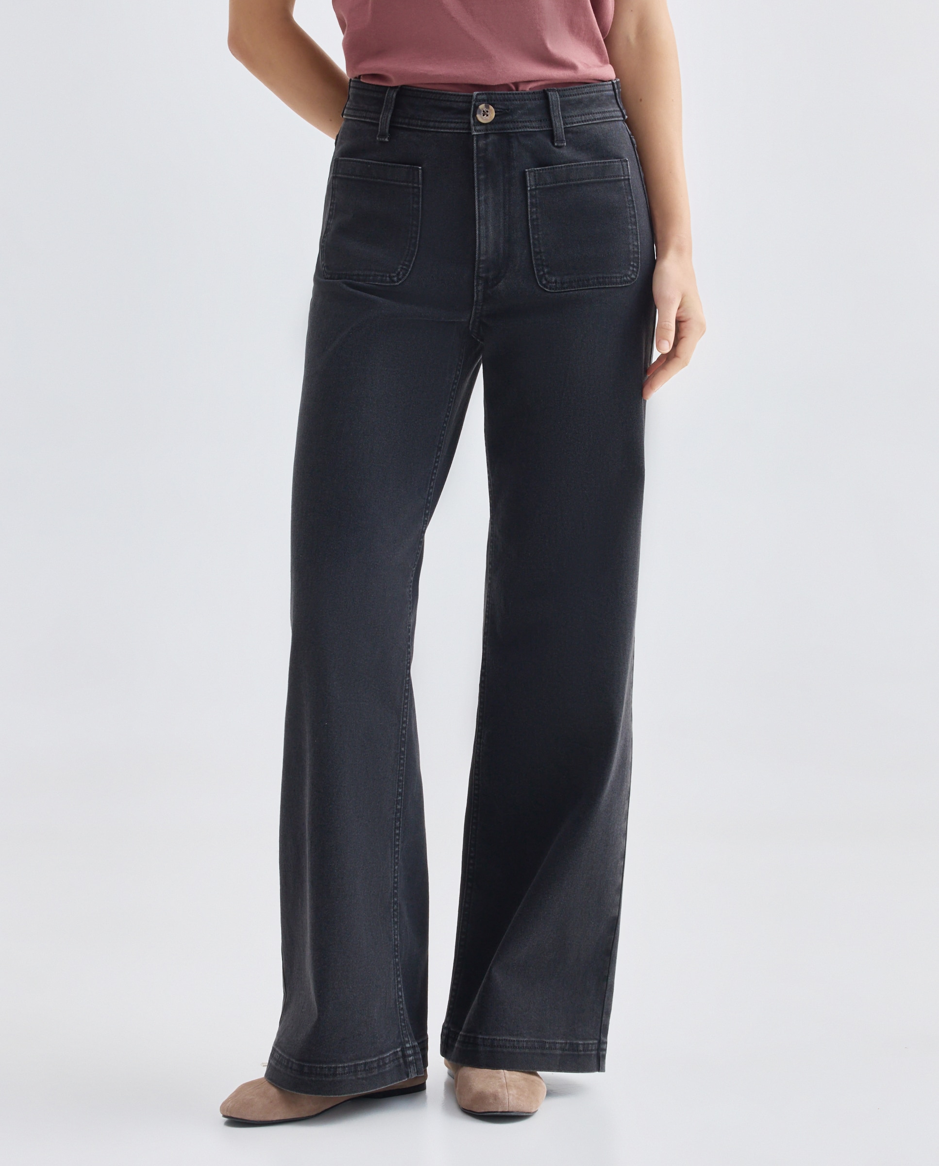 Pantalón de mujer denim wide-leg con bolsillos Negro intenso-2