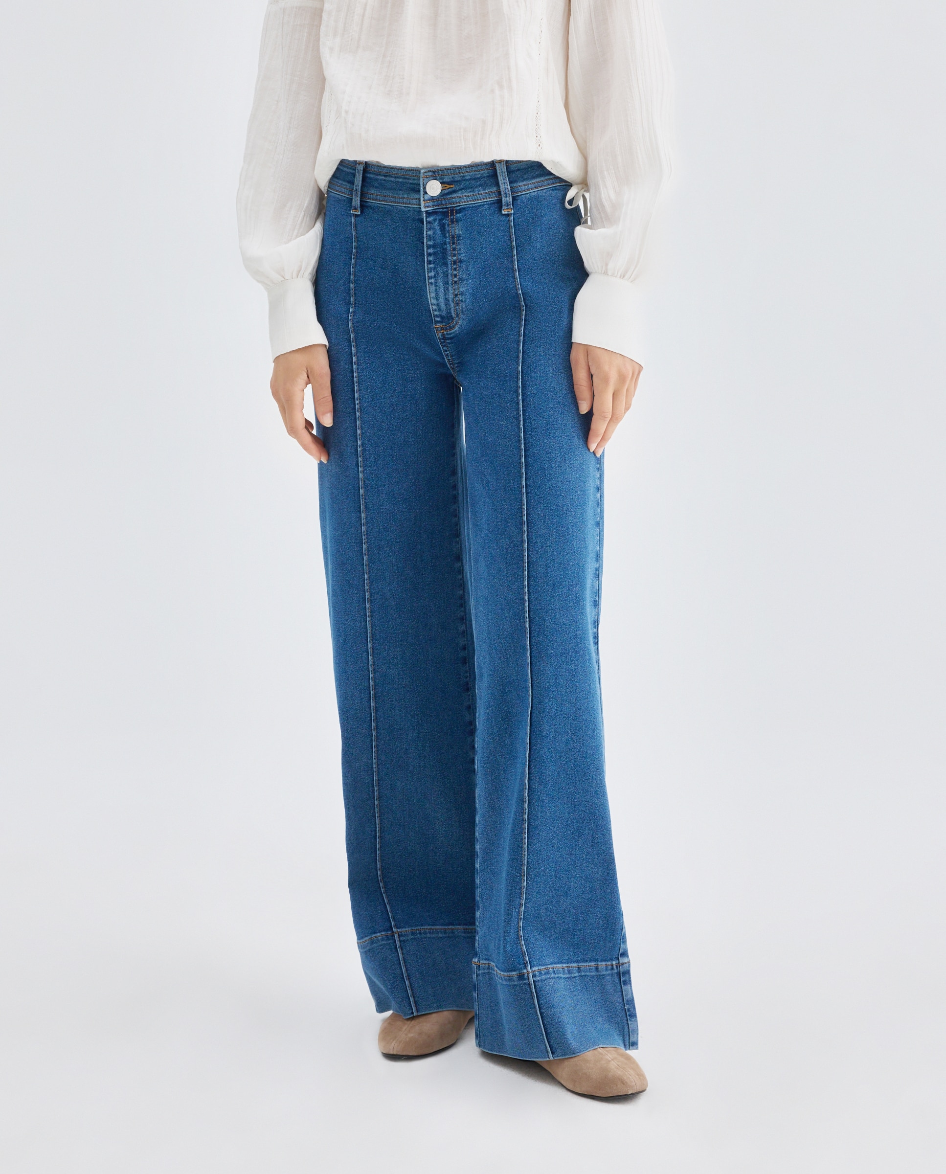 Pantalón de mujer denim wide-leg con nervio Azul pálido-2