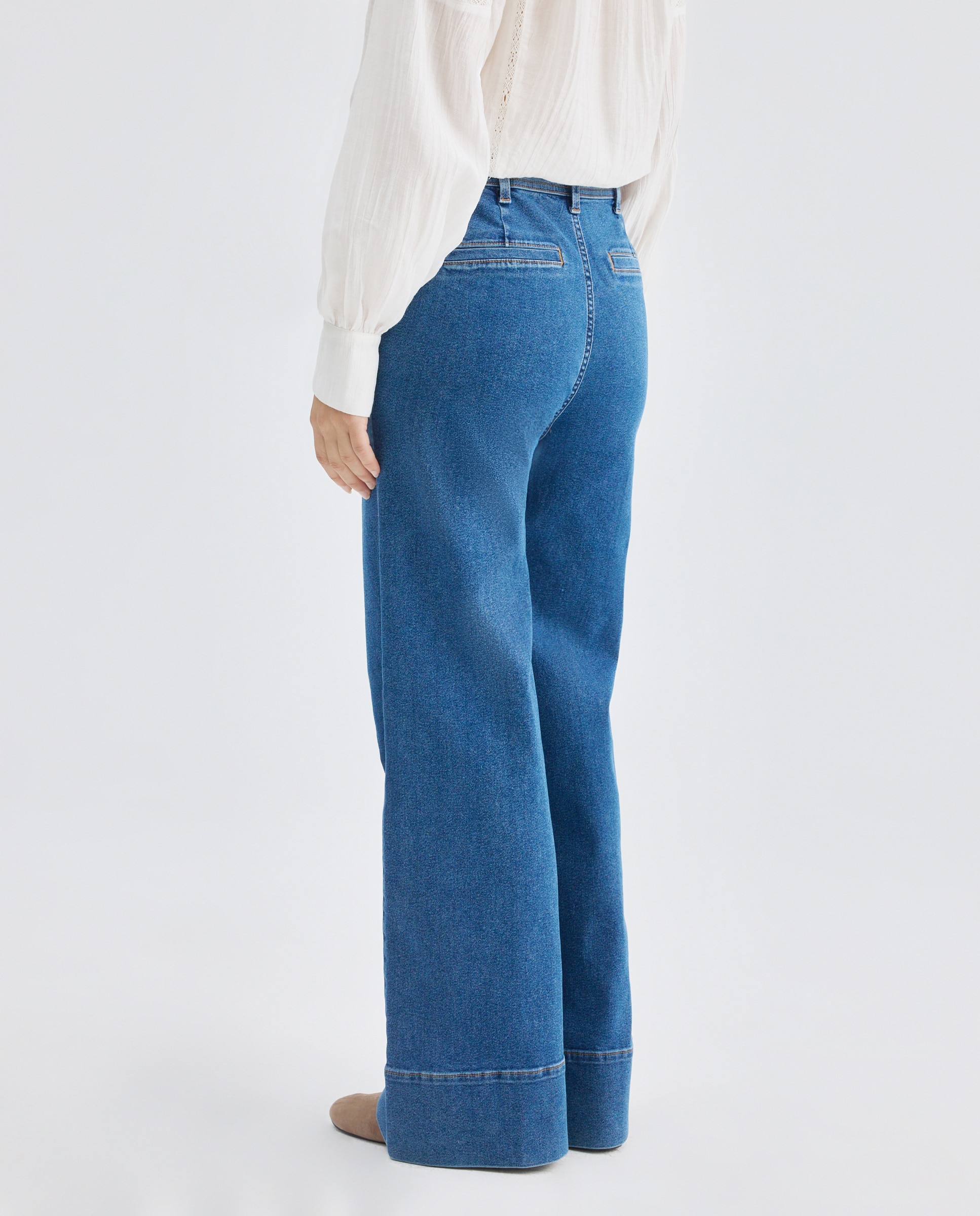 Pantalón de mujer denim wide-leg con nervio Azul pálido-3
