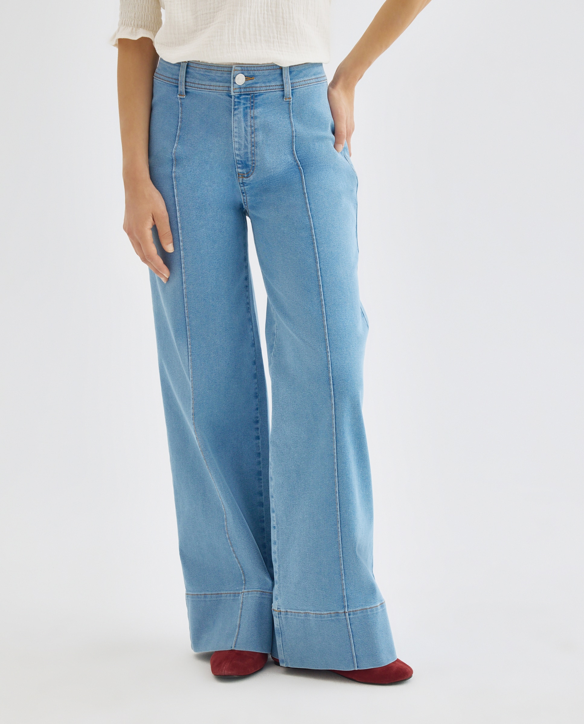 Pantalón de mujer denim wide-leg con nervio Cerúleo-2