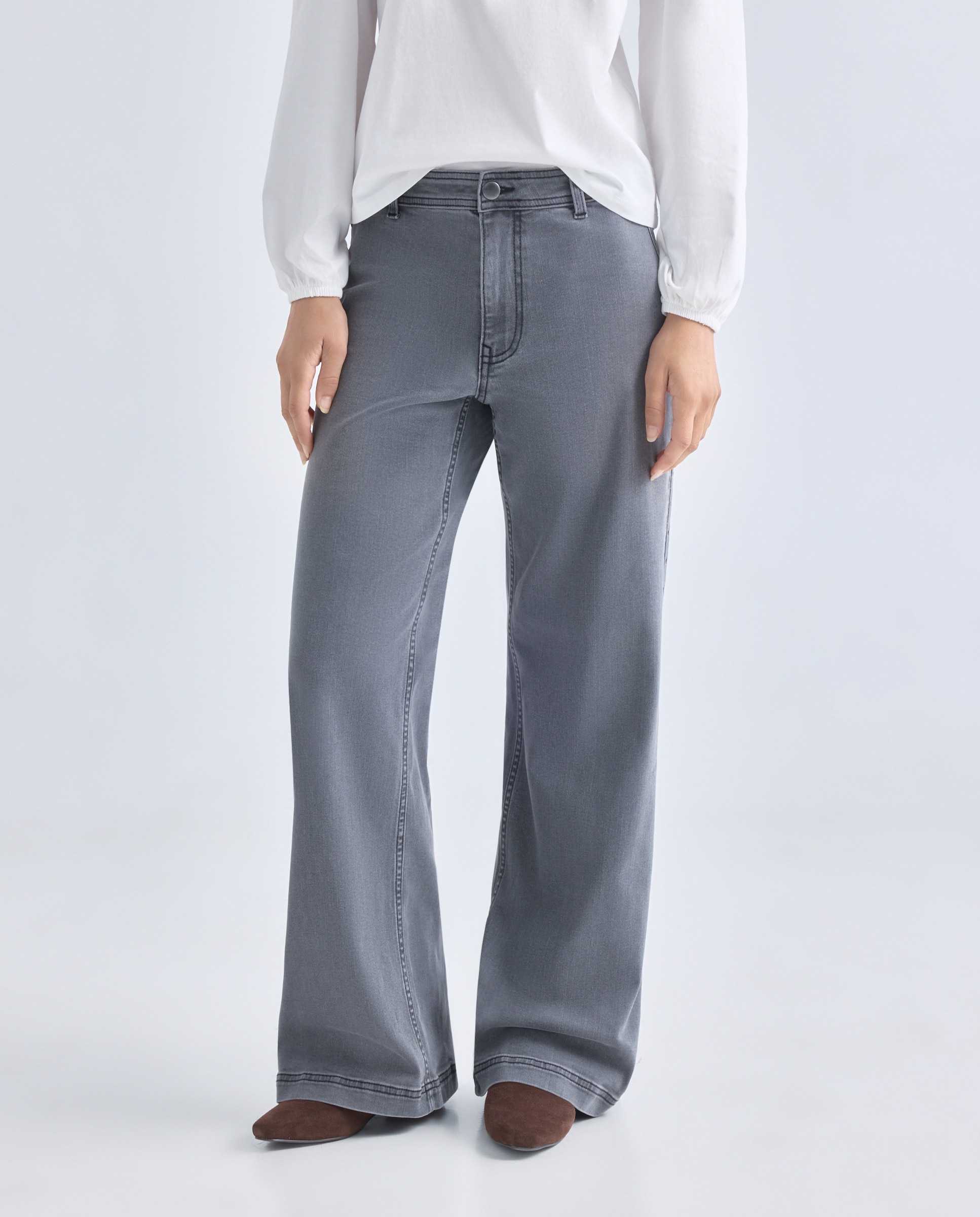 Pantalón de mujer denim wide-leg con pana Gris-2