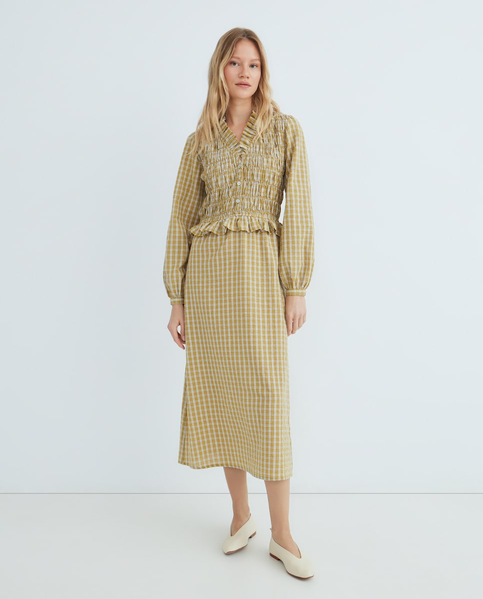 Vestido de mujer de cuadros fruncido Verde-1