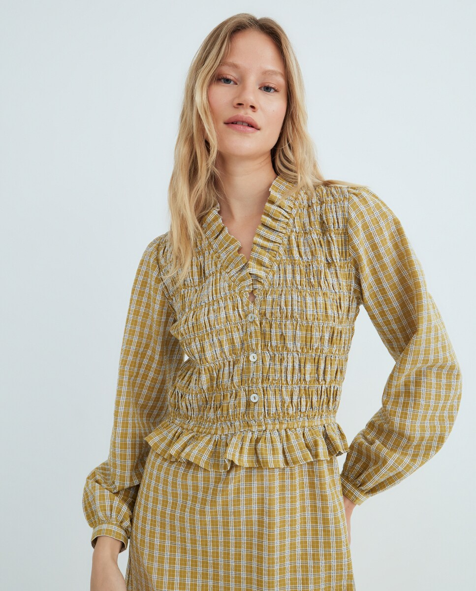 Vestido de mujer de cuadros fruncido Verde-2