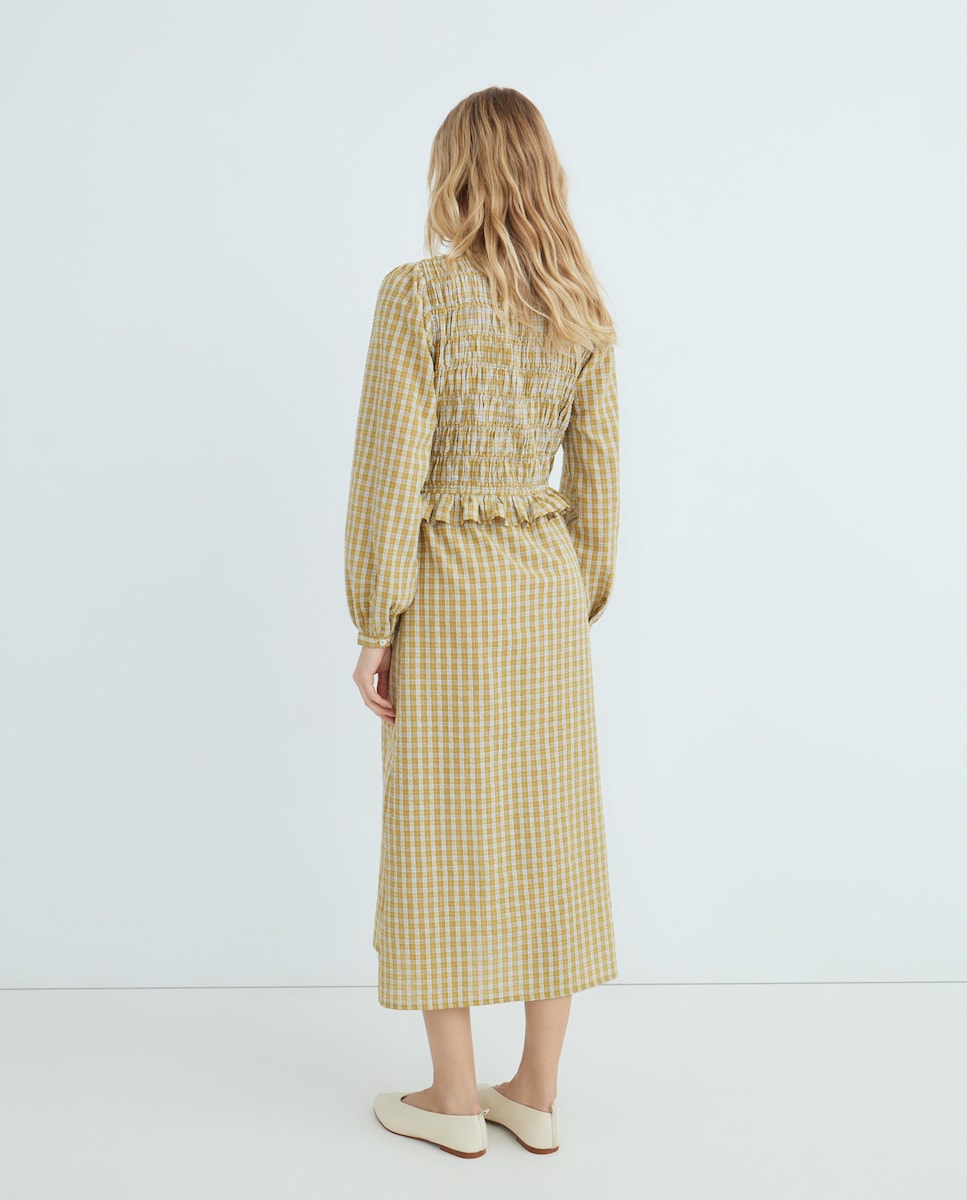 Vestido de mujer de cuadros fruncido Verde-3