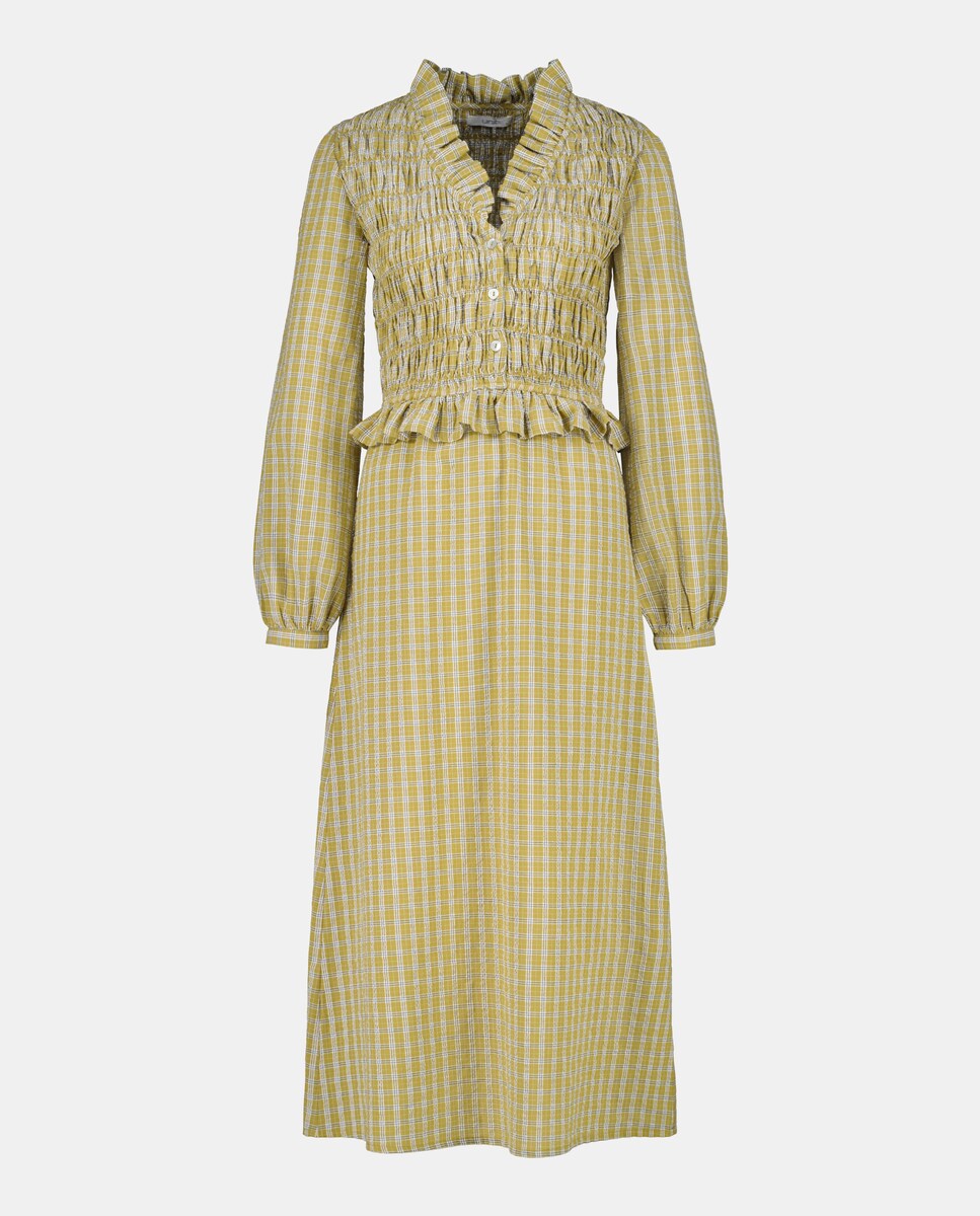 Vestido de mujer de cuadros fruncido Verde-4