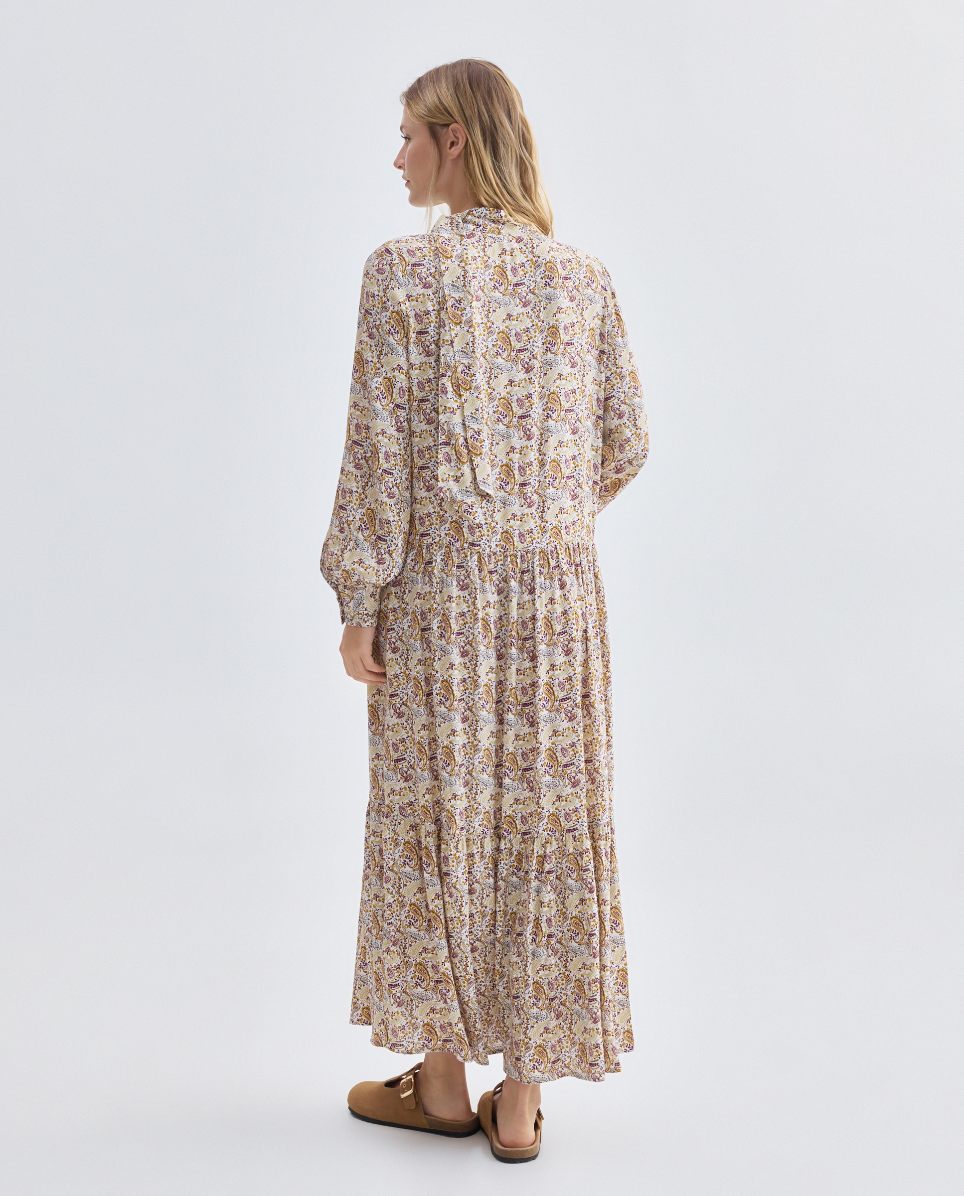 Vestido de mujer estampado paisley con lazada Blanco-3