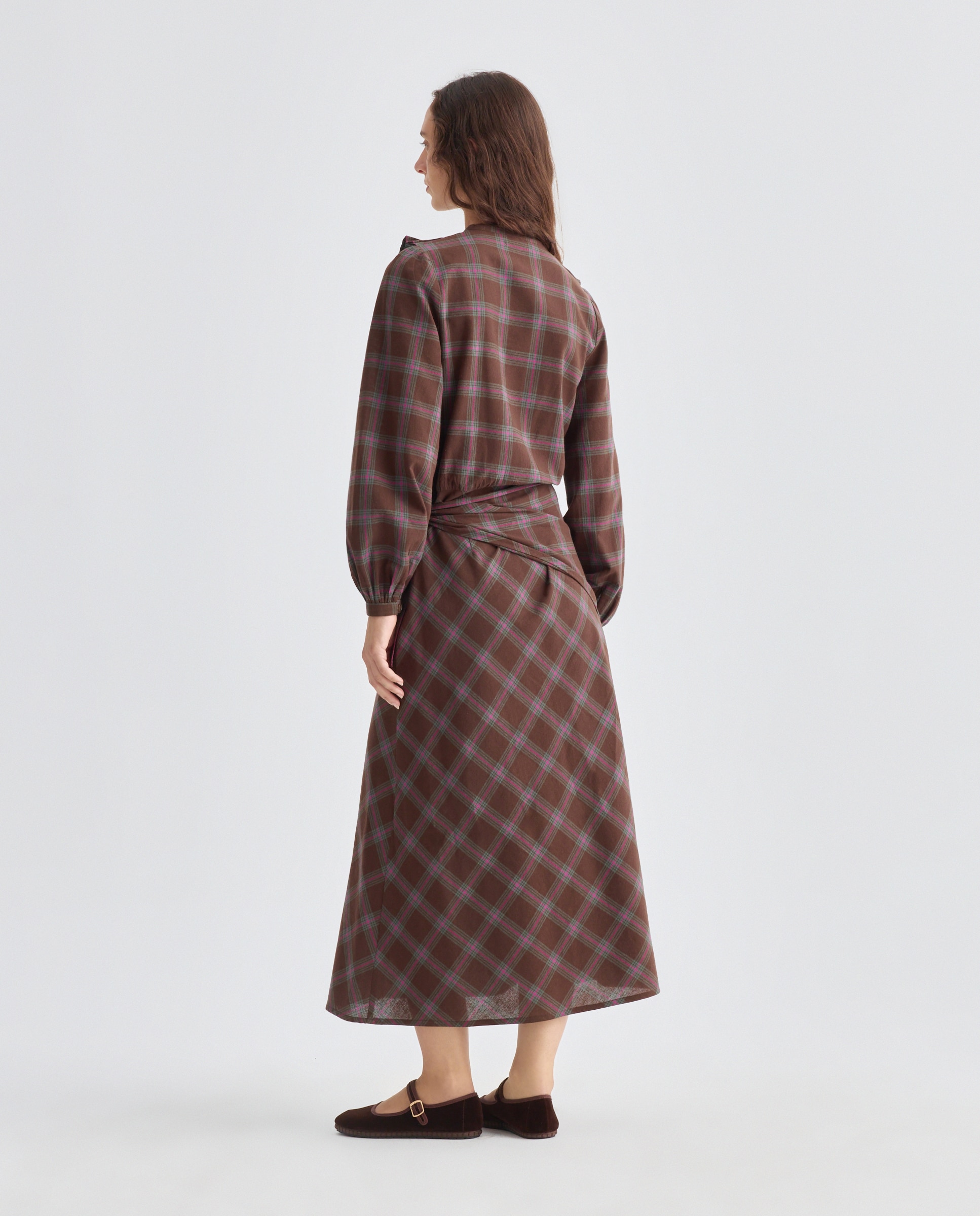 Vestido de mujer de cuadros con pechera volantes Marrón-3