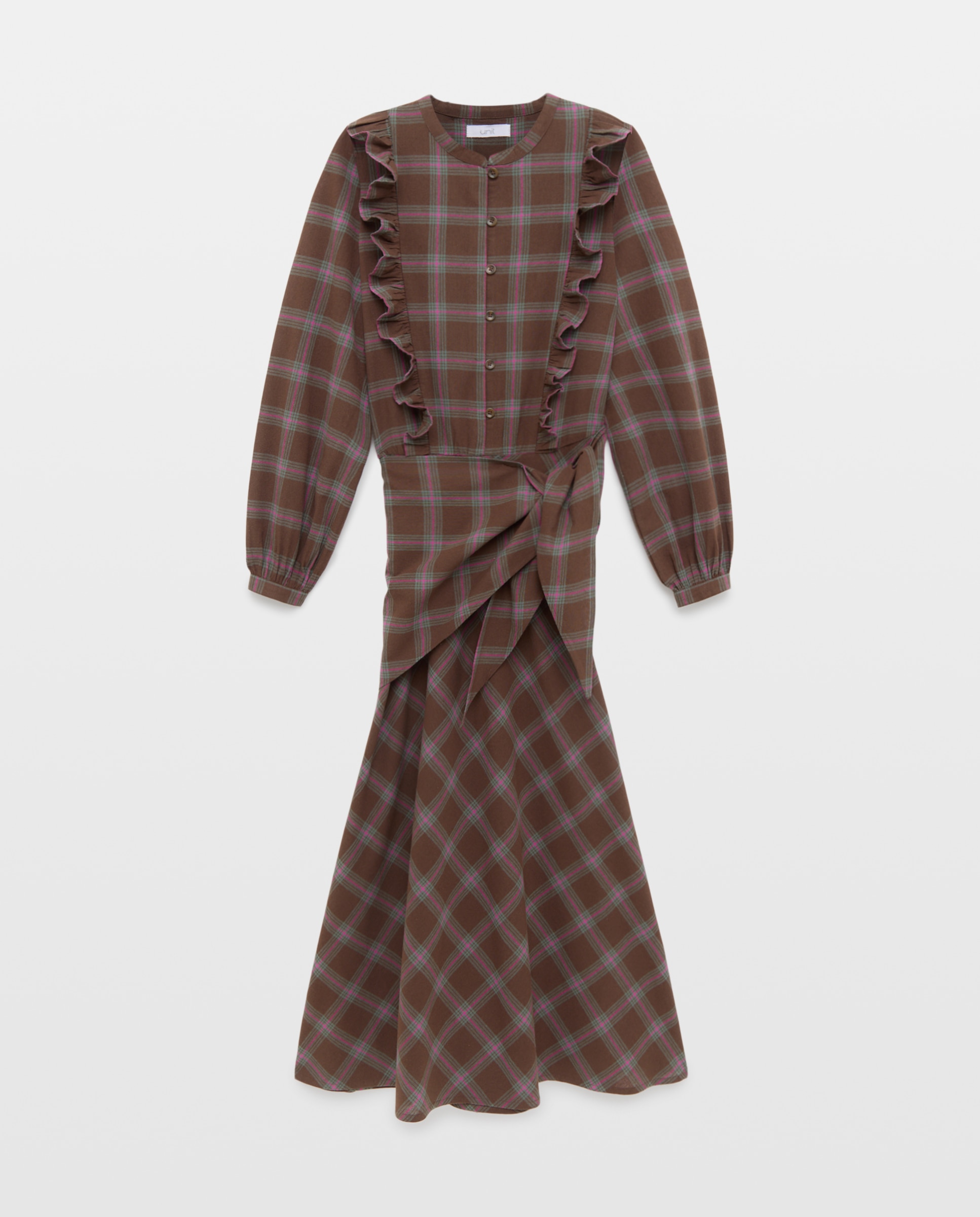 Vestido de mujer de cuadros con pechera volantes Marrón-4