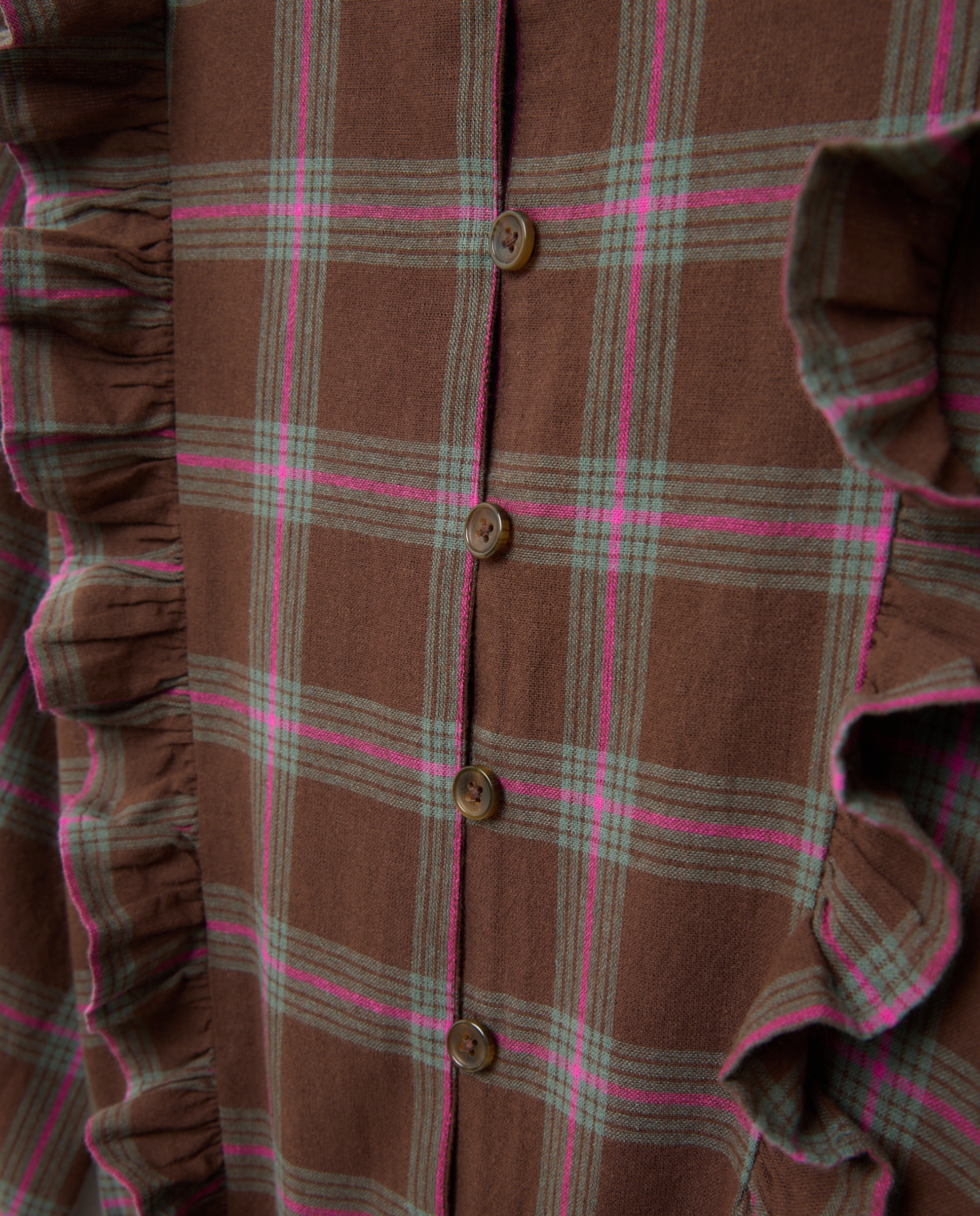 Vestido de mujer de cuadros con pechera volantes Marrón-5