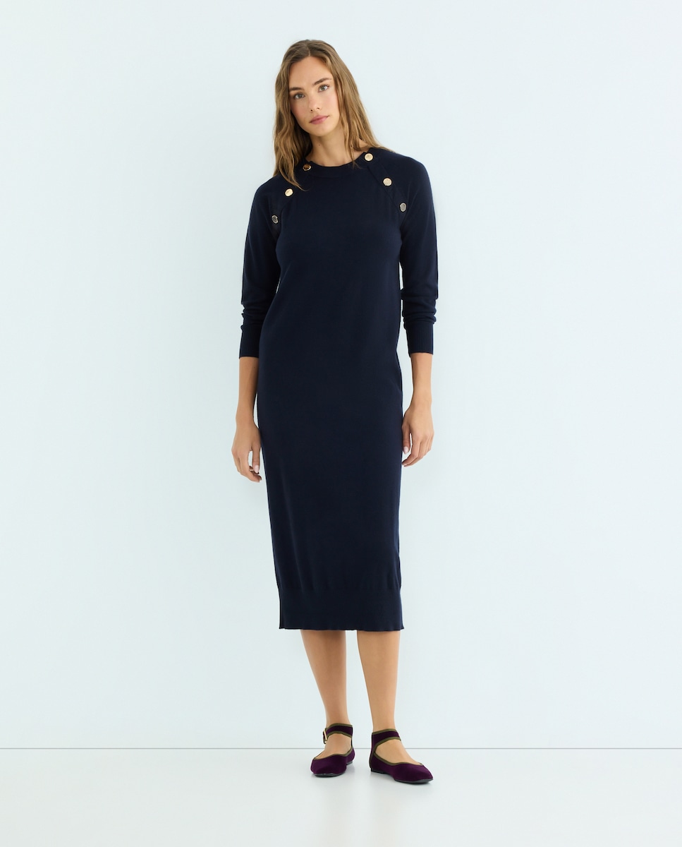 Vestido de mujer de punto midi manga larga Azul marino-1