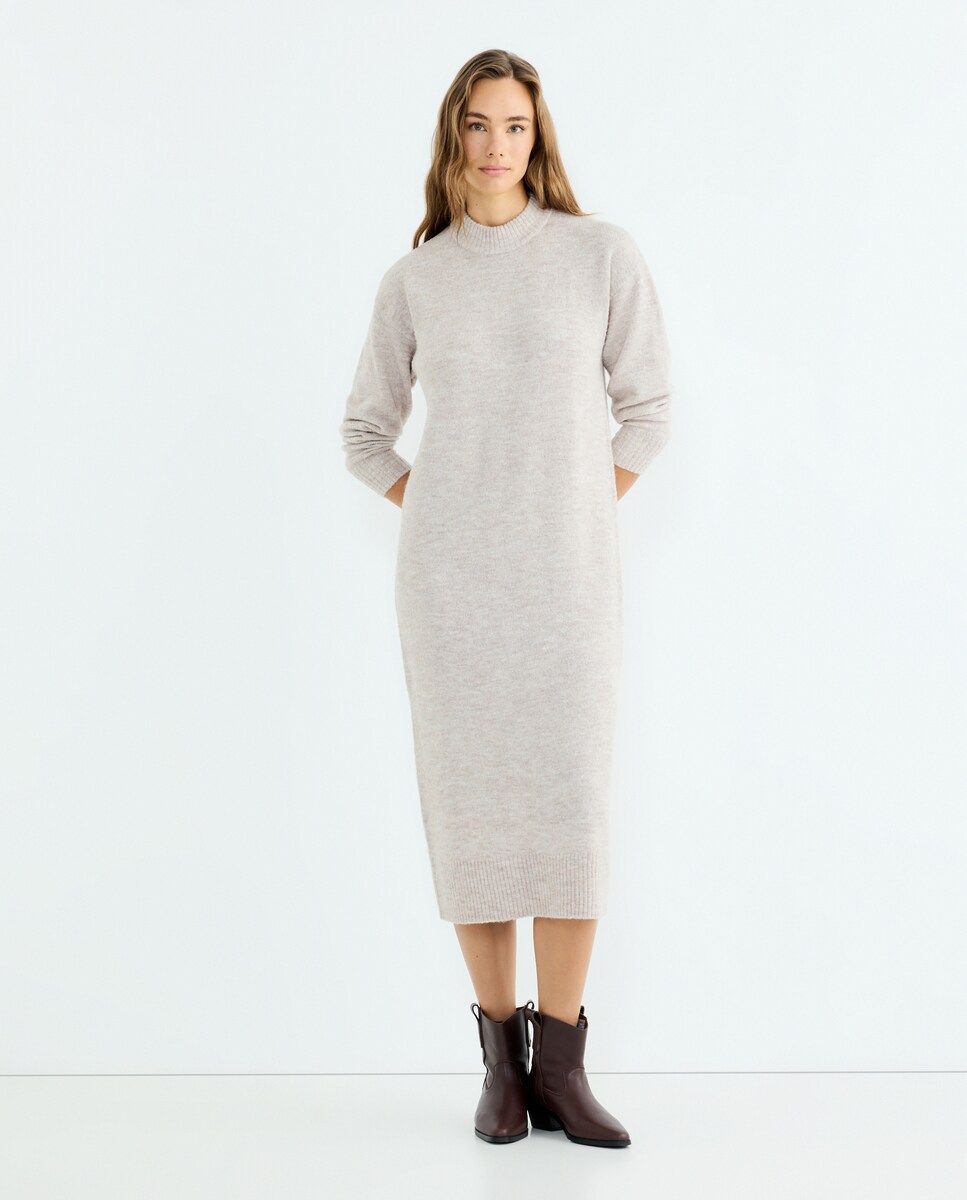 Vestido de mujer de punto midi manga larga Beige-1