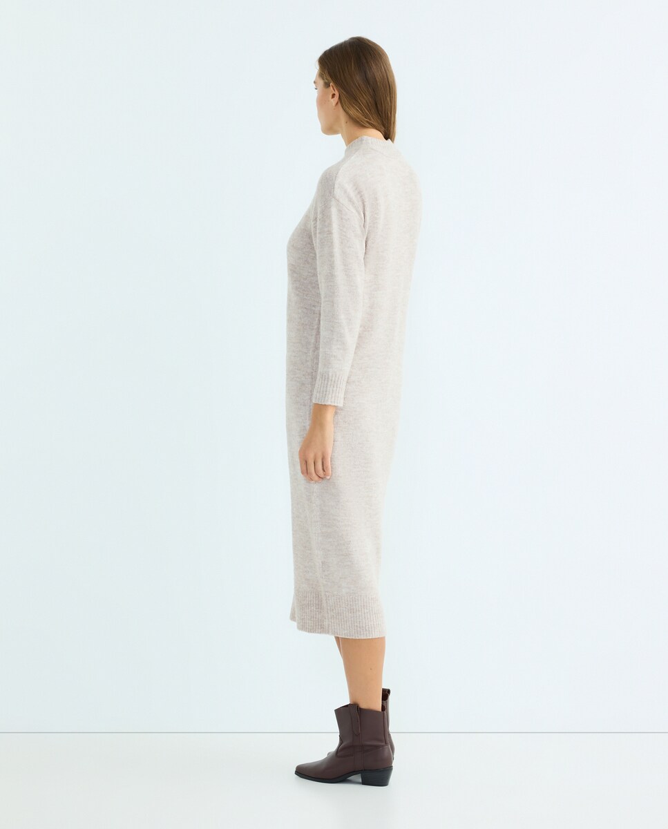 Vestido de mujer de punto midi manga larga Beige-3