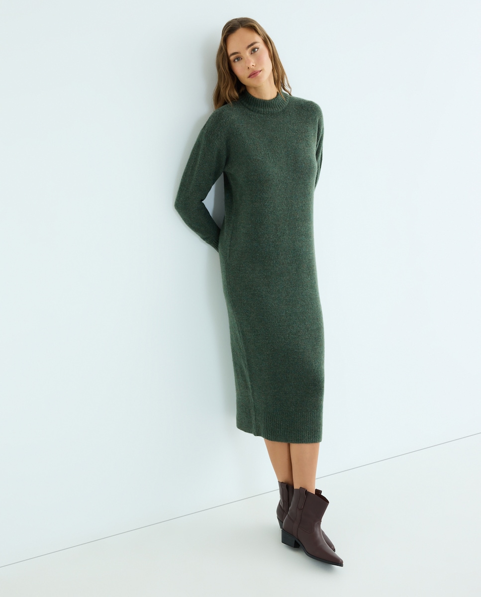 Vestido de mujer de punto midi manga larga 530 Verde oscuro-1