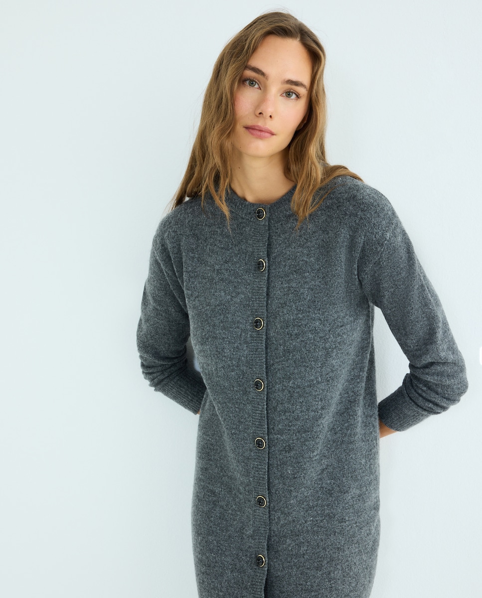 Vestido de mujer de punto midi abotonado manga larga 830 Antracita-1