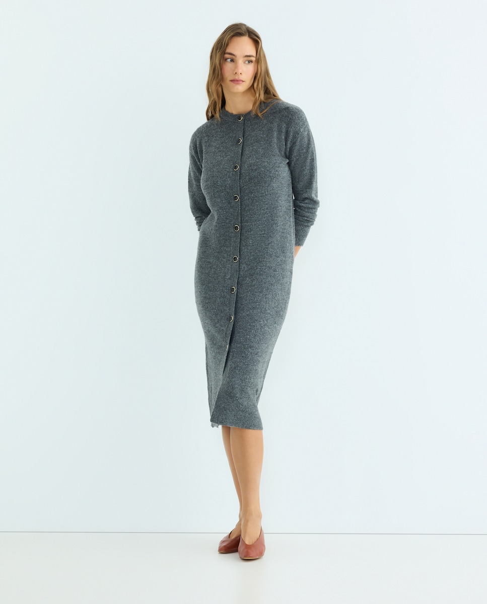 Vestido de mujer de punto midi abotonado manga larga 830 Antracita-2