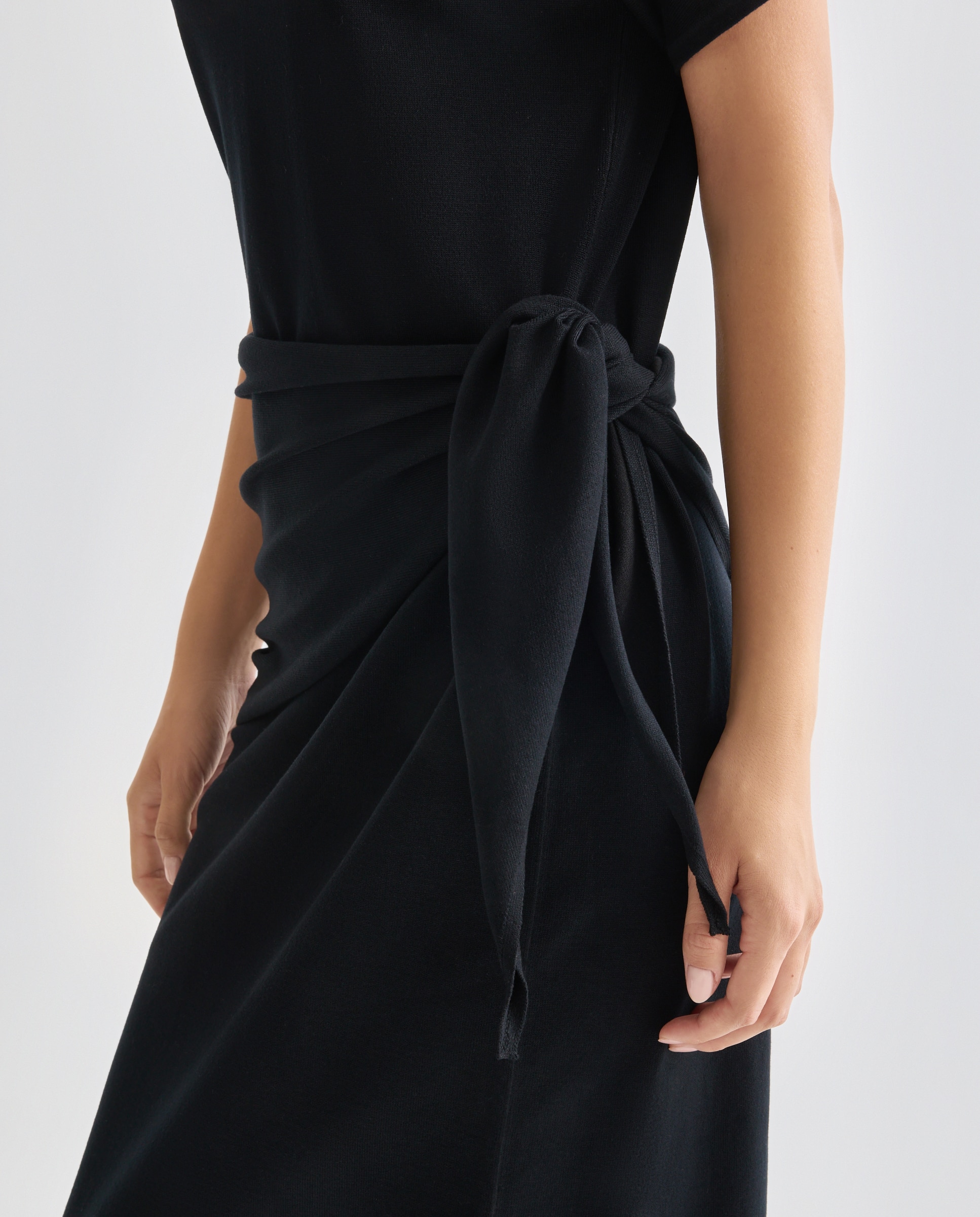 Vestido de punto de mujer manga corta pañuelo cintura Negro-2