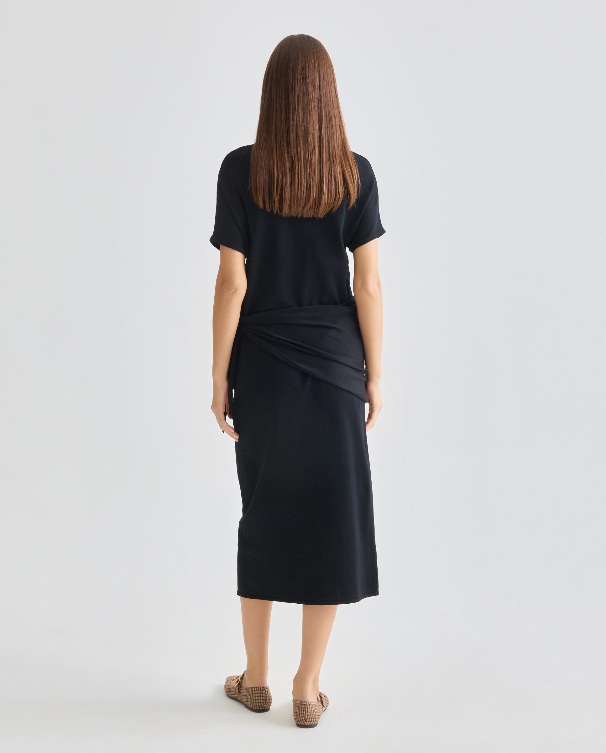 Vestido de punto de mujer manga corta pañuelo cintura Negro-3