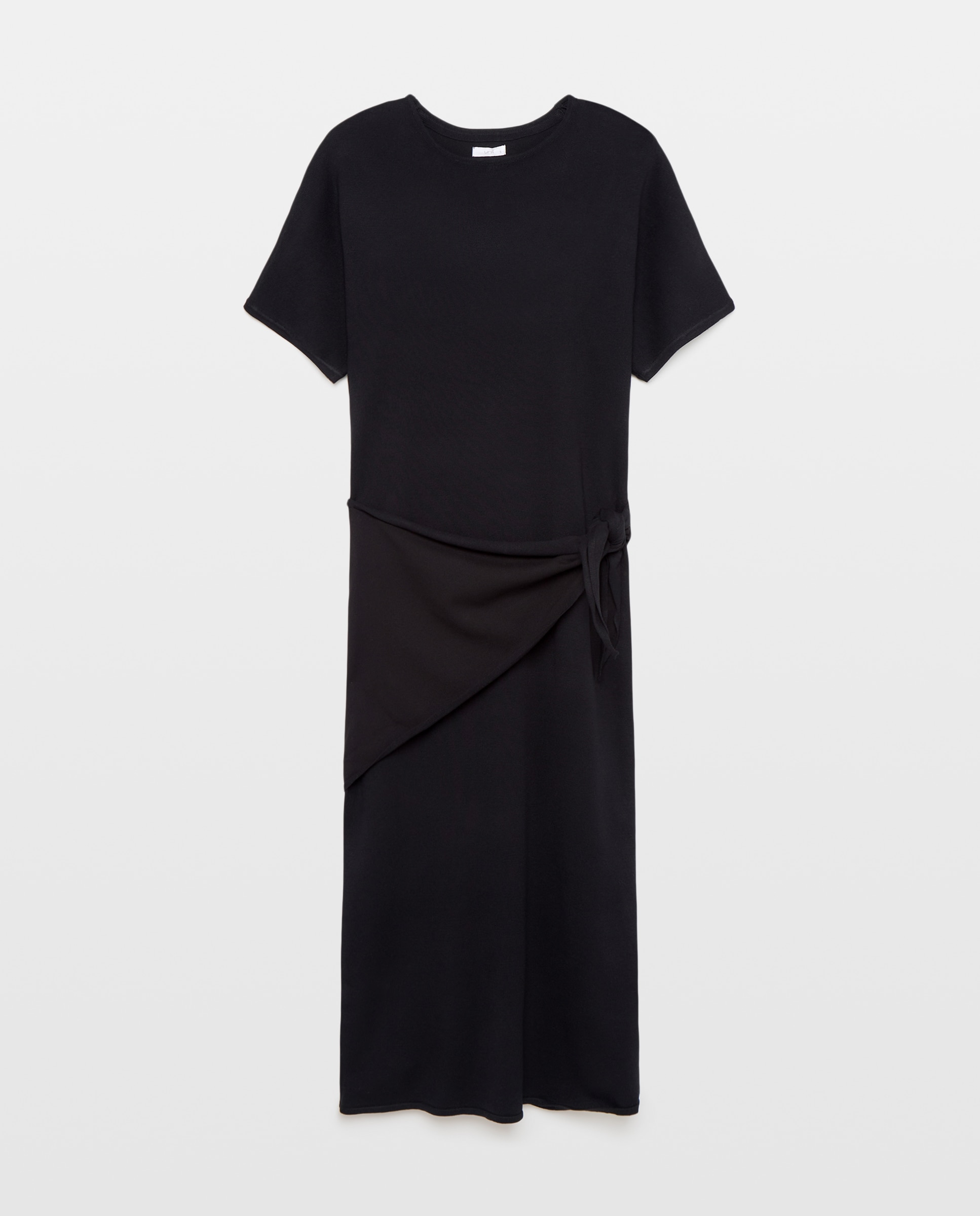 Vestido de punto de mujer manga corta pañuelo cintura Negro-4