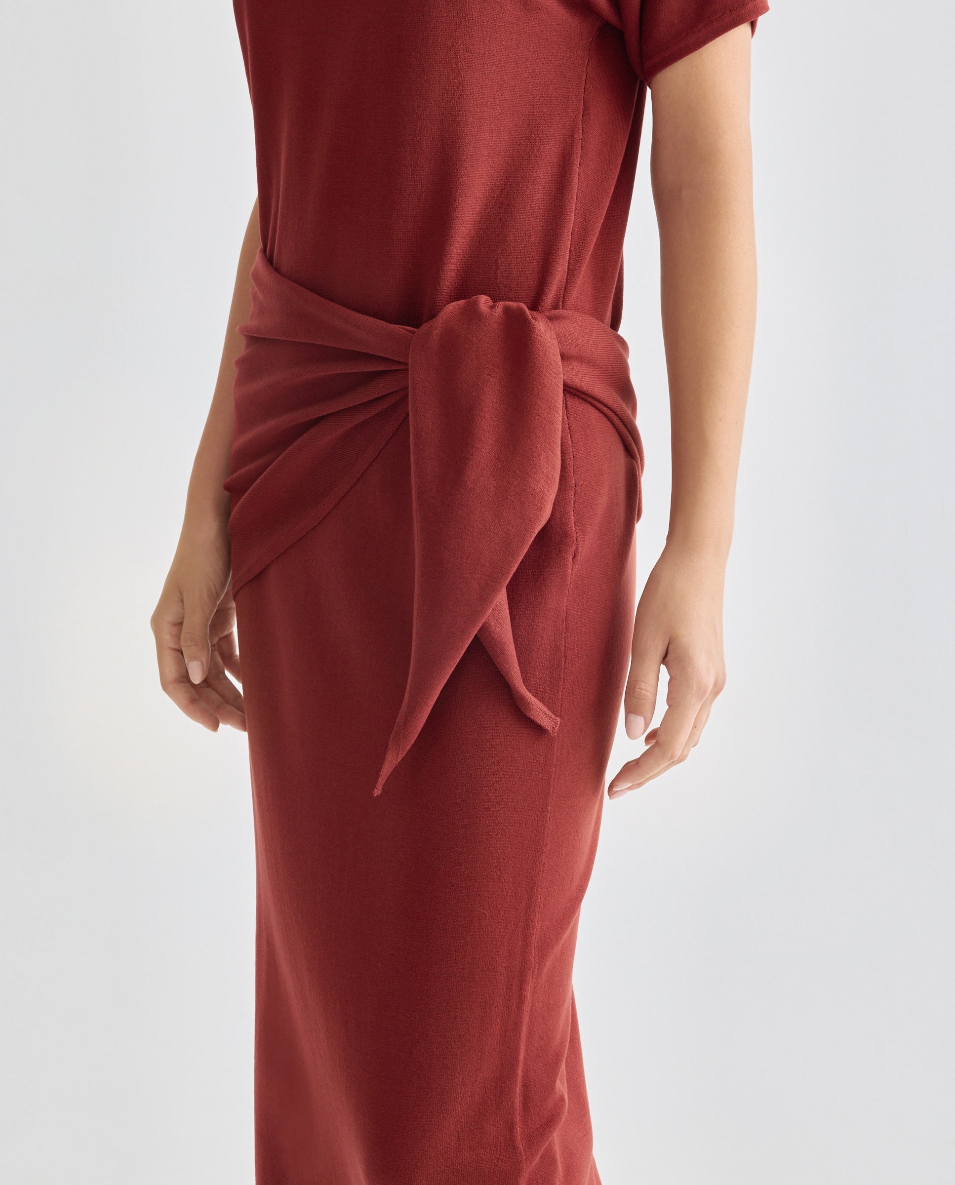 Vestido de punto de mujer manga corta pañuelo cintura 610 Carmín-2