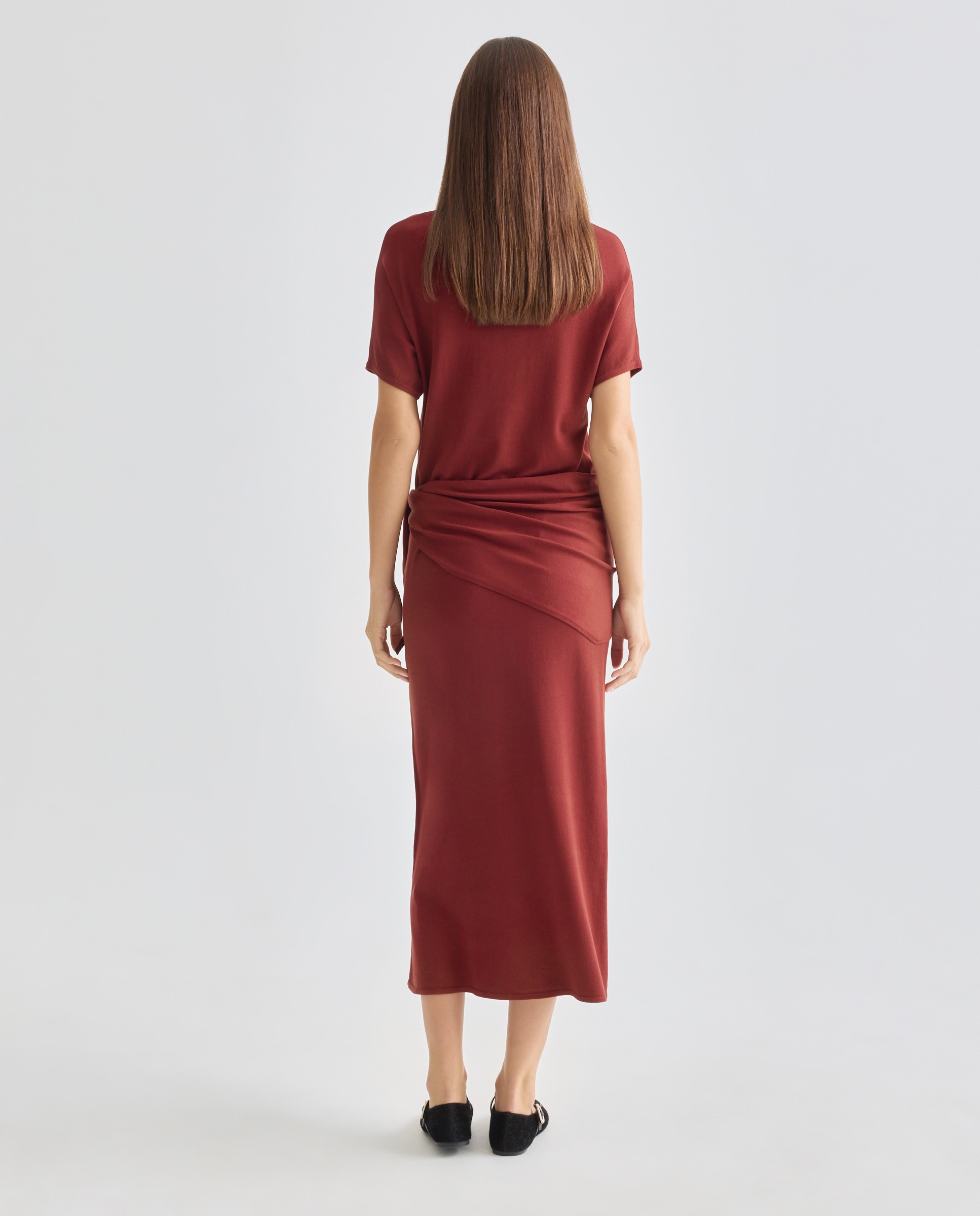 Vestido de punto de mujer manga corta pañuelo cintura 610 Carmín-3