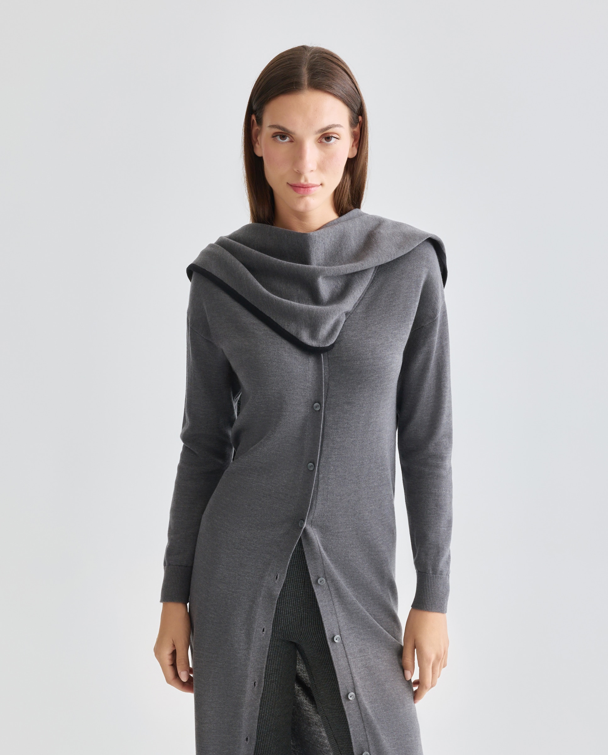 Vestido de punto de mujer abotonado con pañuelo 820 Gris medio-2