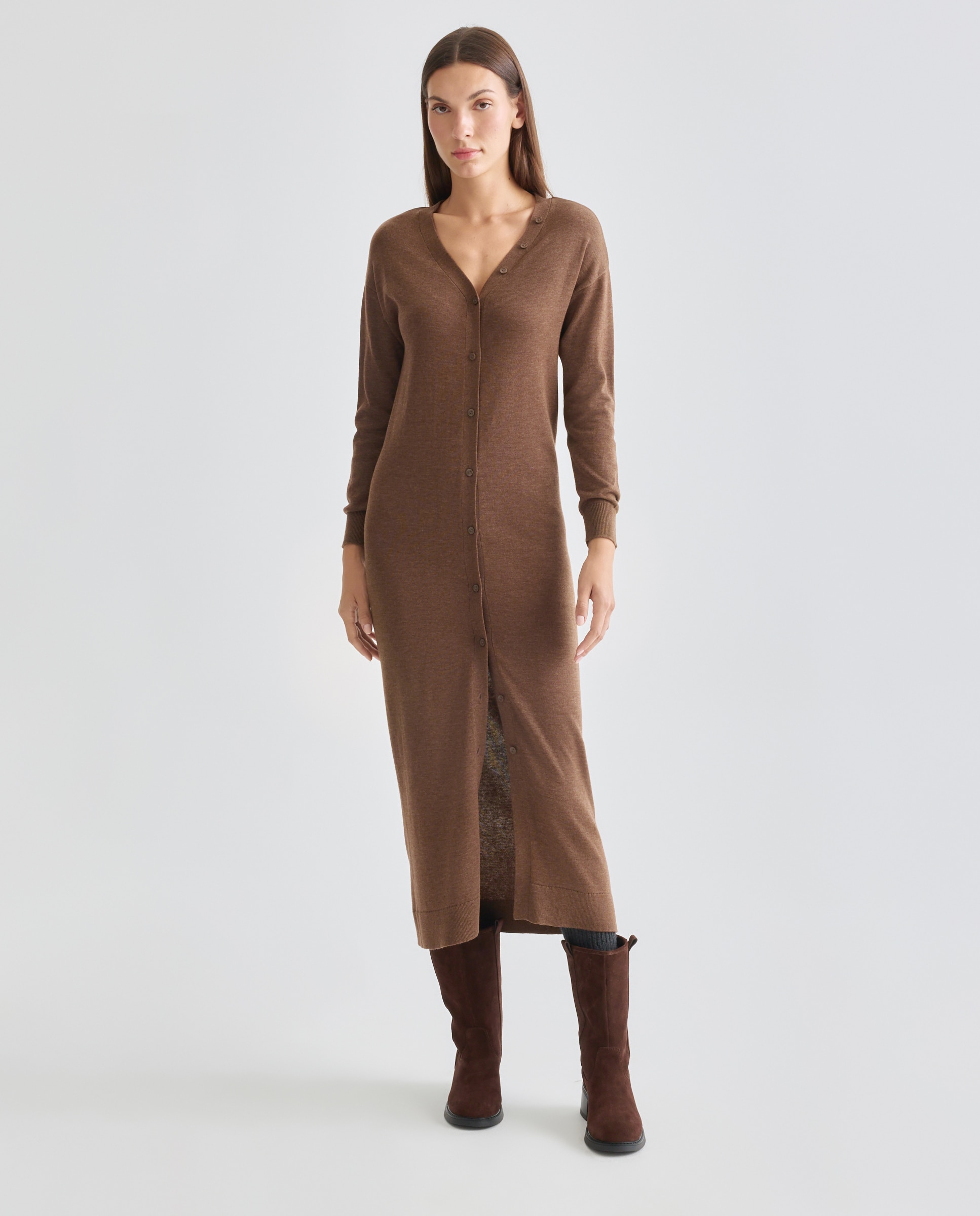 Vestido de punto de mujer abotonado con pañuelo Marrón-2