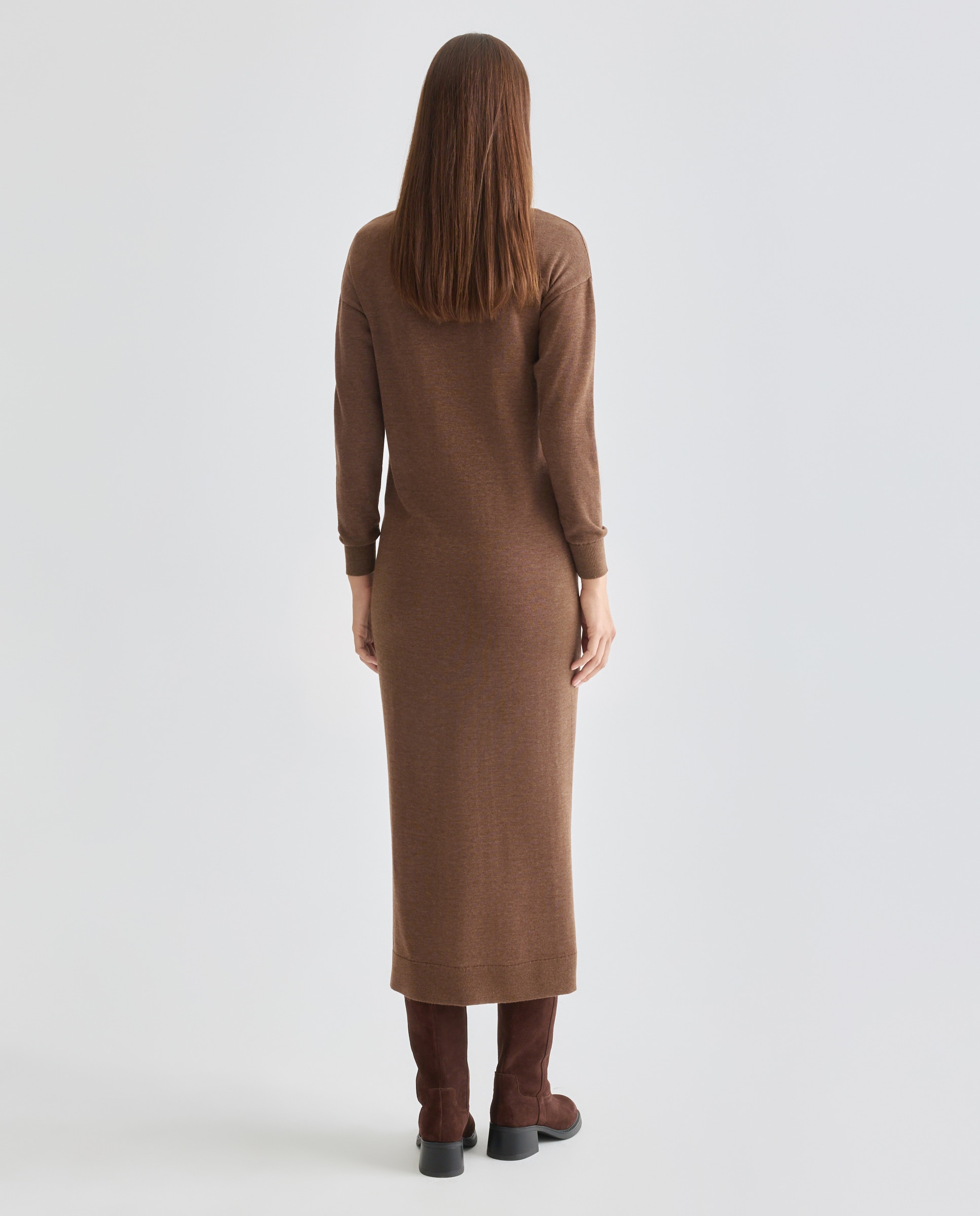 Vestido de punto de mujer abotonado con pañuelo Marrón-3