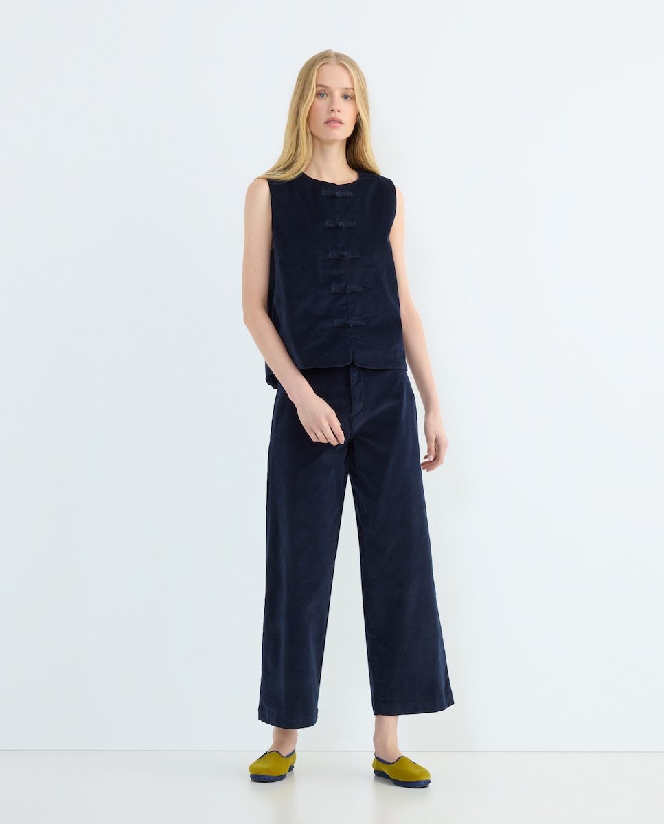 Chaleco de mujer de pana lisa combinado Azul marino-3