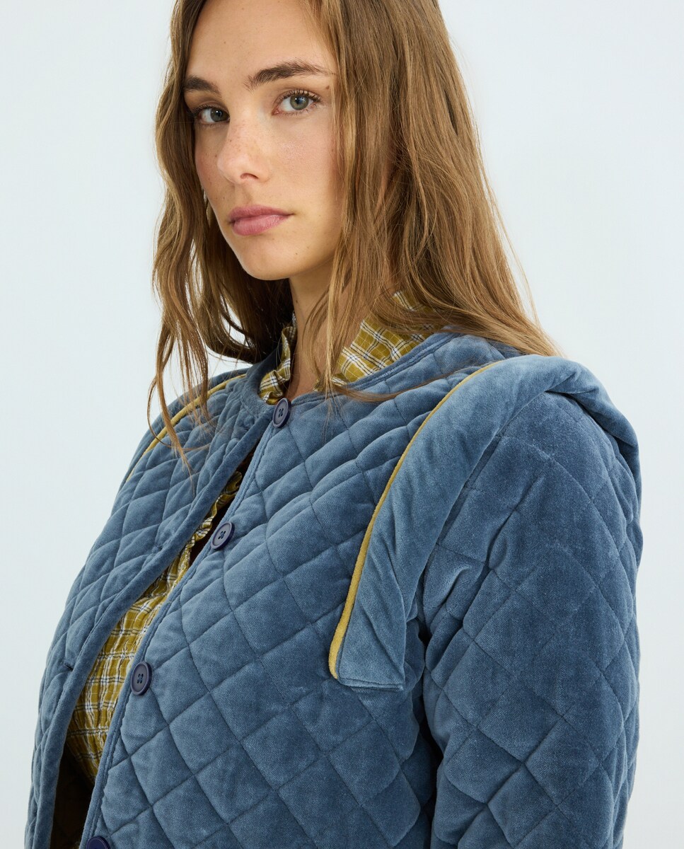 Chaqueta de mujer de pana lisa combinada Azul oscuro-3