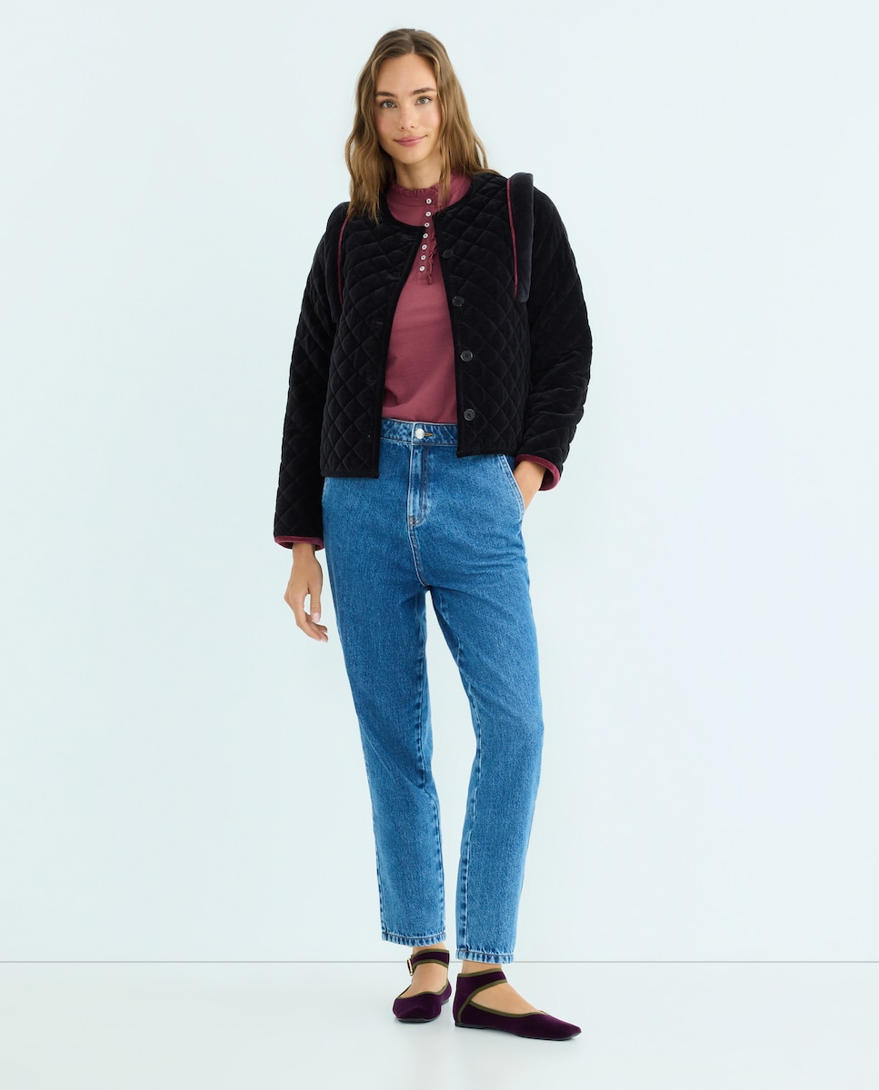 Chaqueta de mujer de pana lisa combinada Negro-2