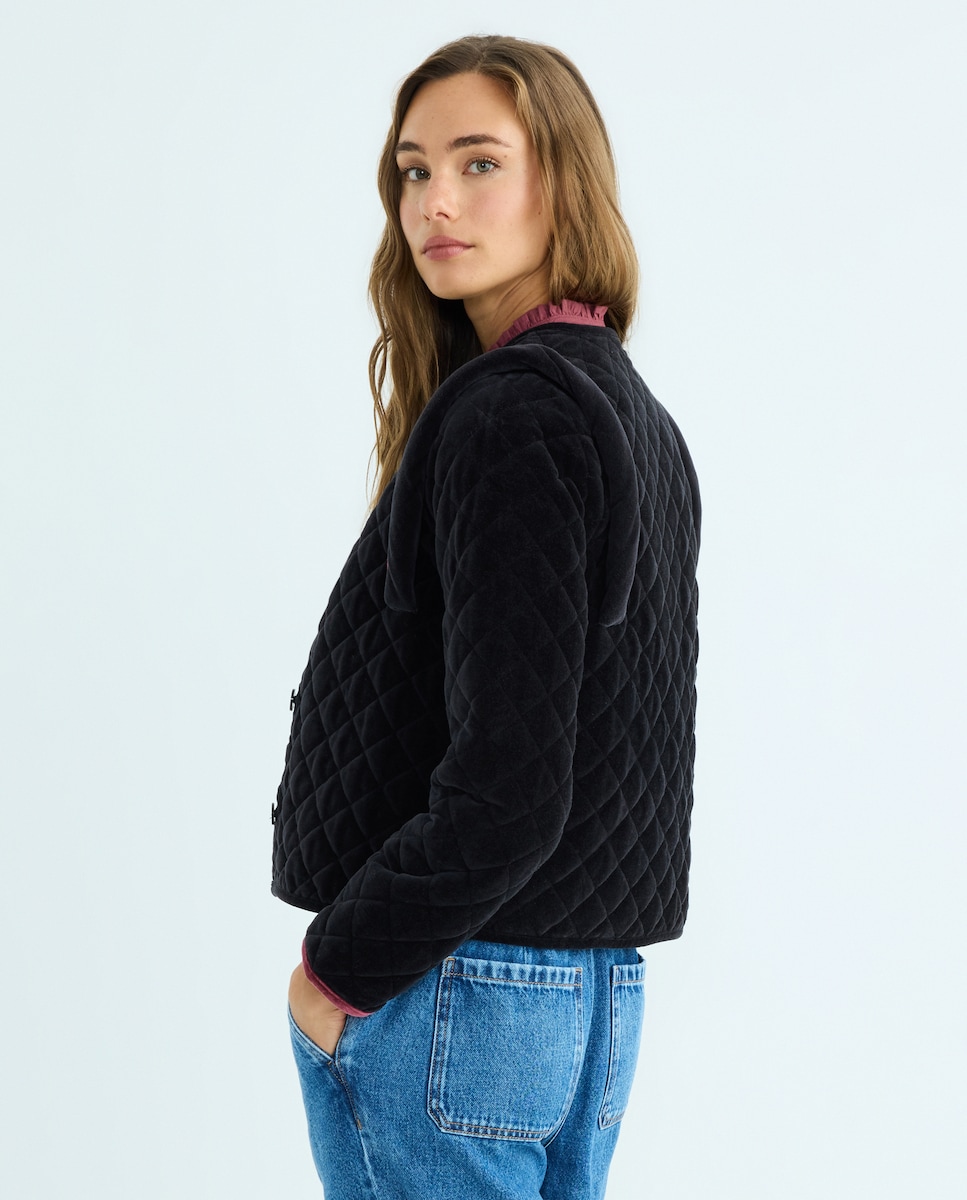 Chaqueta de mujer de pana lisa combinada Negro-3