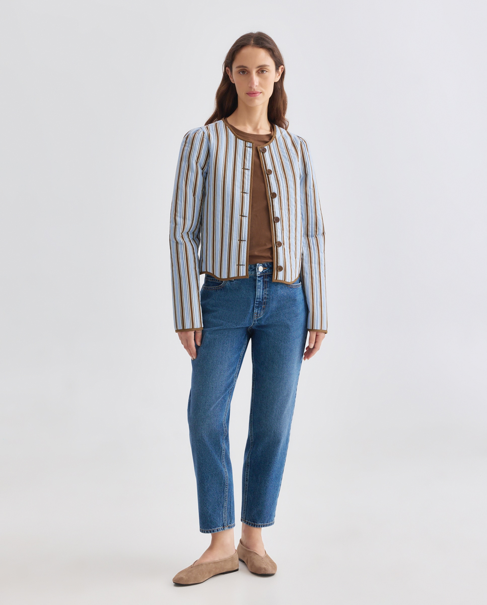 Chaqueta guateada de mujer de rayas total look Azul-2