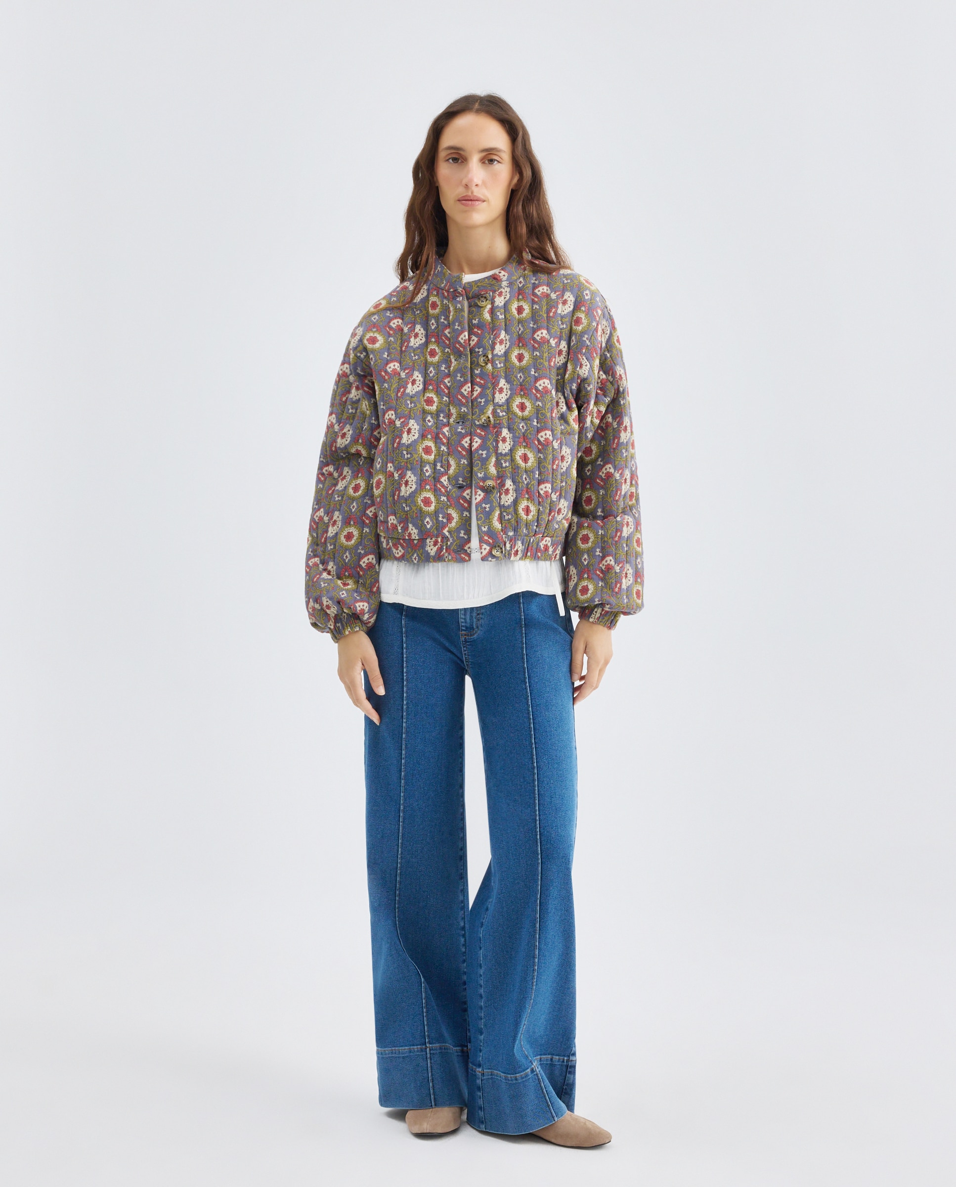 Chaqueta de mujer bomber de flores Azul-2