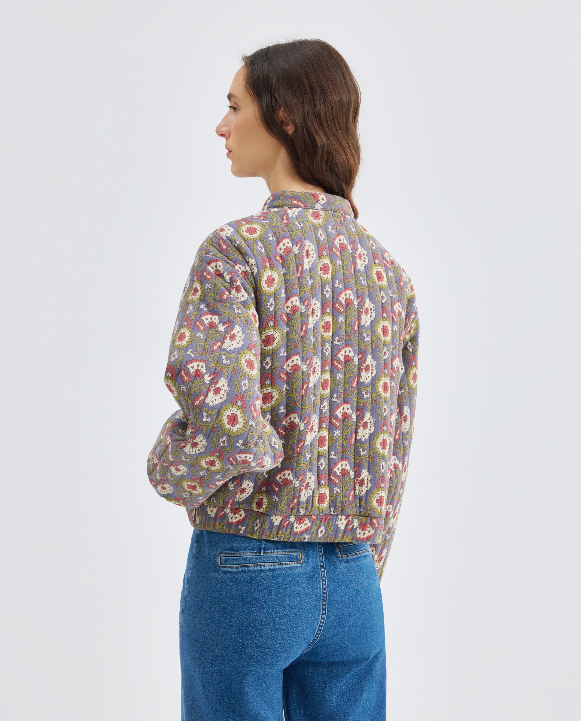 Chaqueta de mujer bomber de flores Azul-3