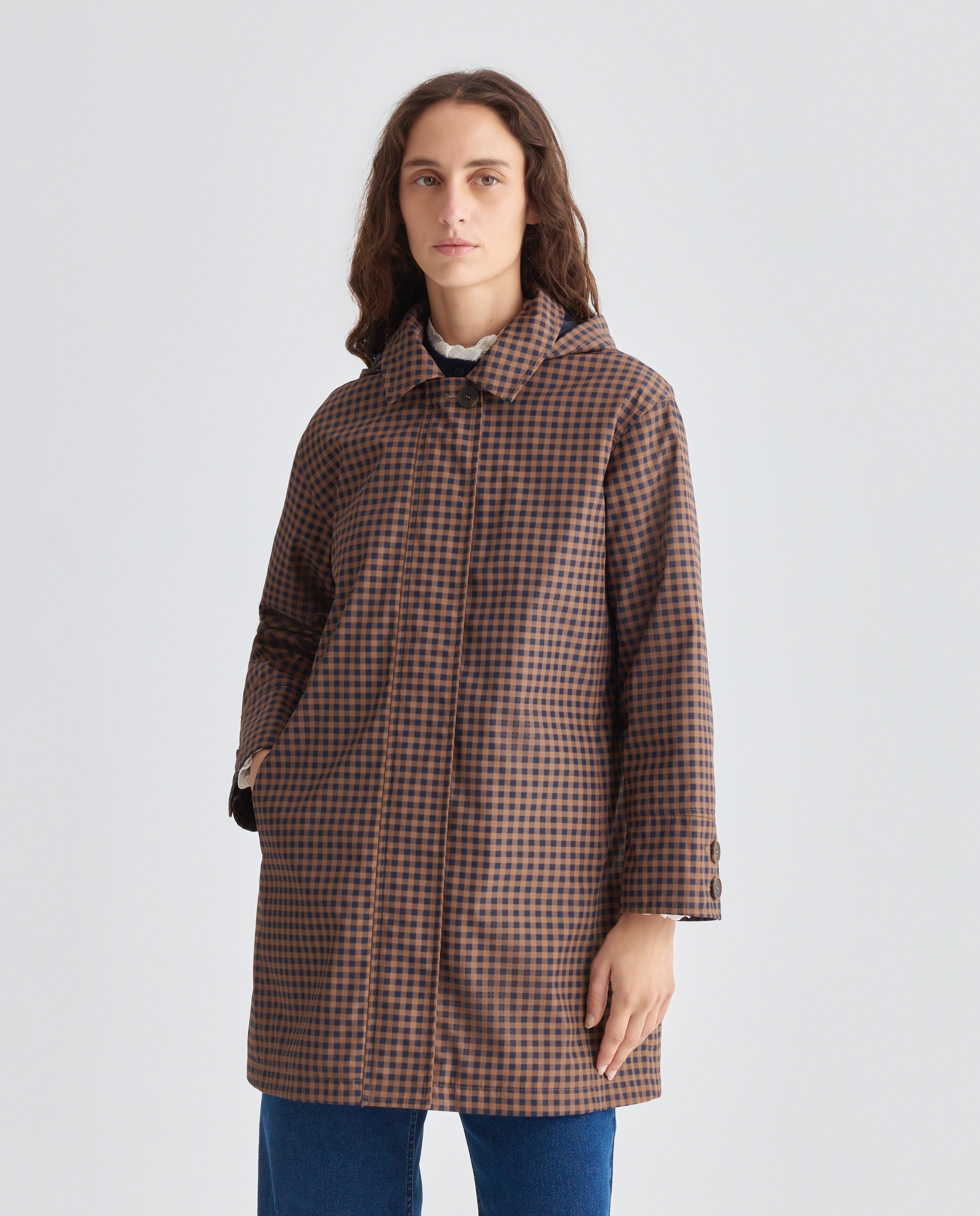 Parka náutica de mujer acolchada con capucha cuadros Marrón-1