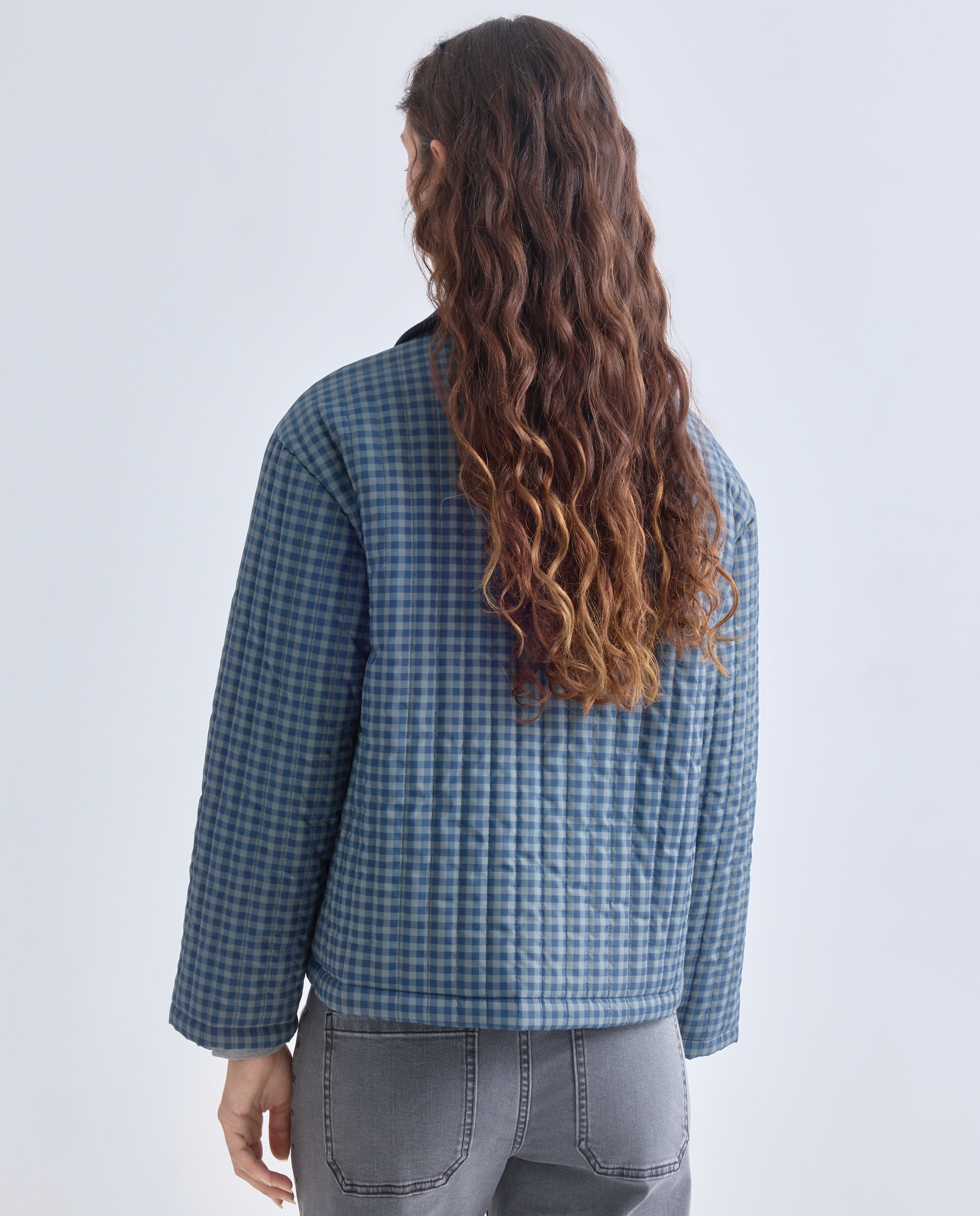 Chaqueta de mujer acolchado vertical de cuadros con pañoleta Azul-3