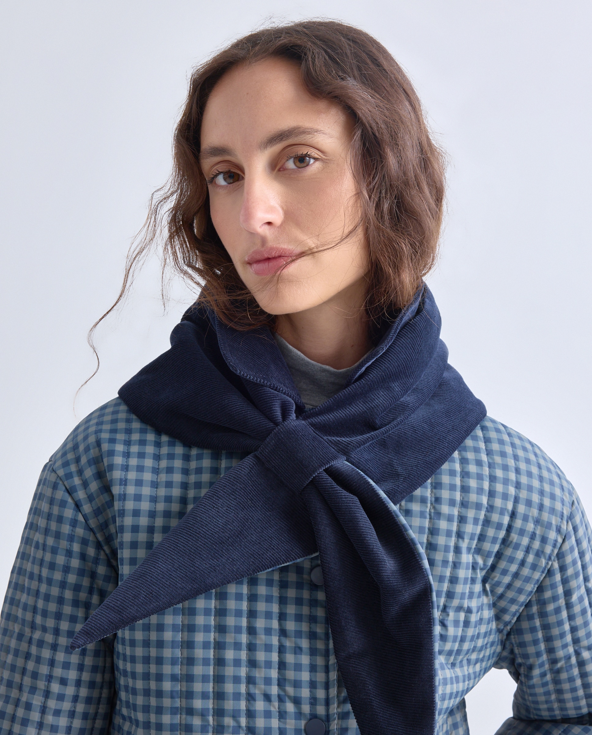 Chaqueta de mujer acolchado vertical de cuadros con pañoleta Azul-4