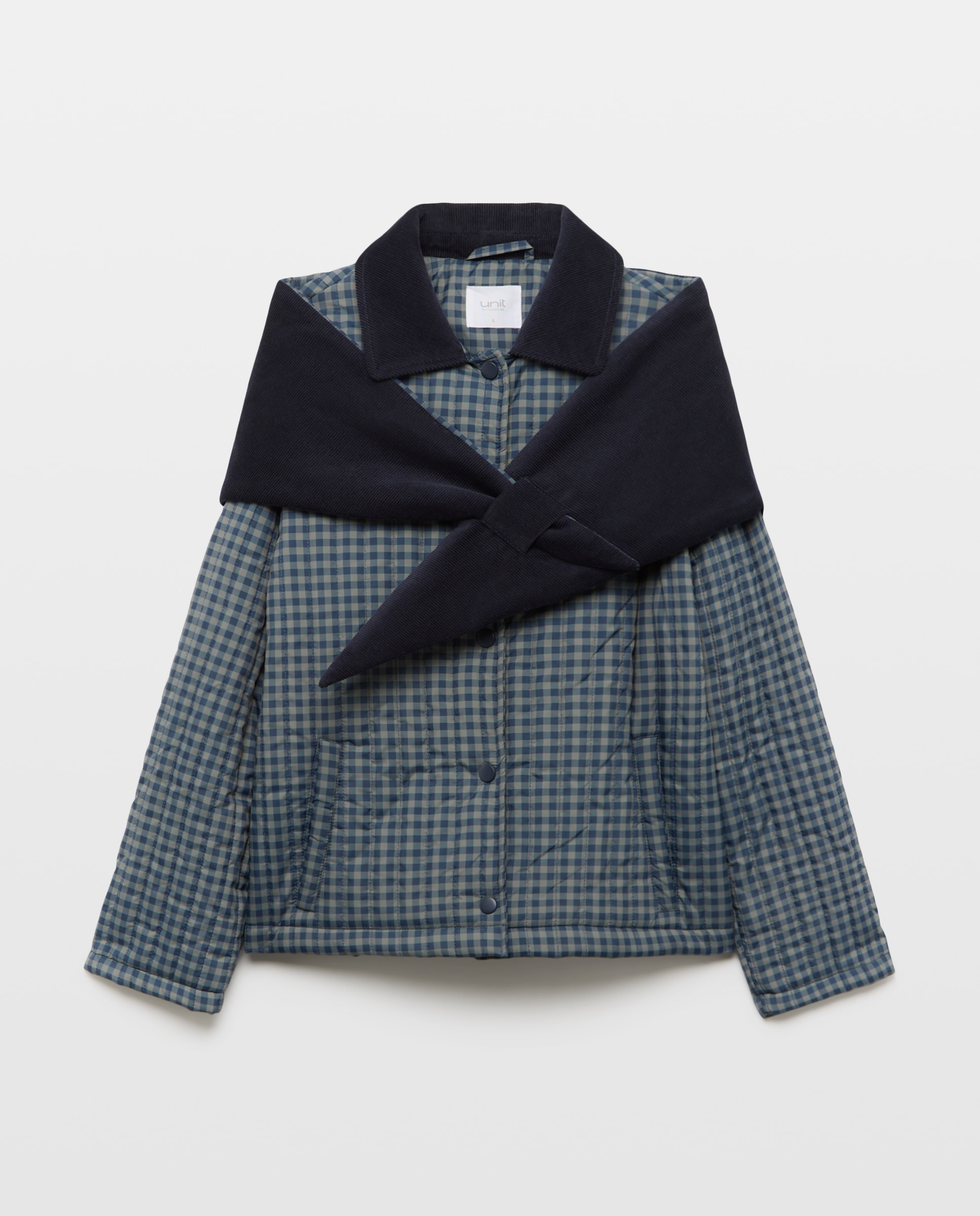 Chaqueta de mujer acolchado vertical de cuadros con pañoleta Azul-5