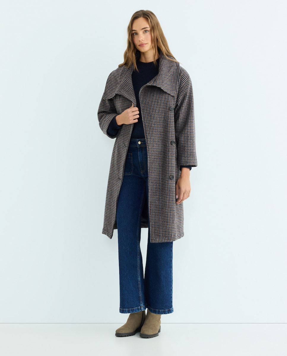 Abrigo de paño de mujer con cuello tipo capa Azul-1