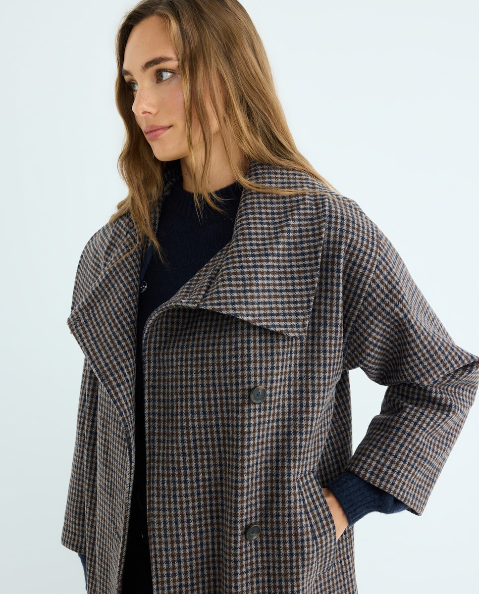 Abrigo de paño de mujer con cuello tipo capa Azul-2