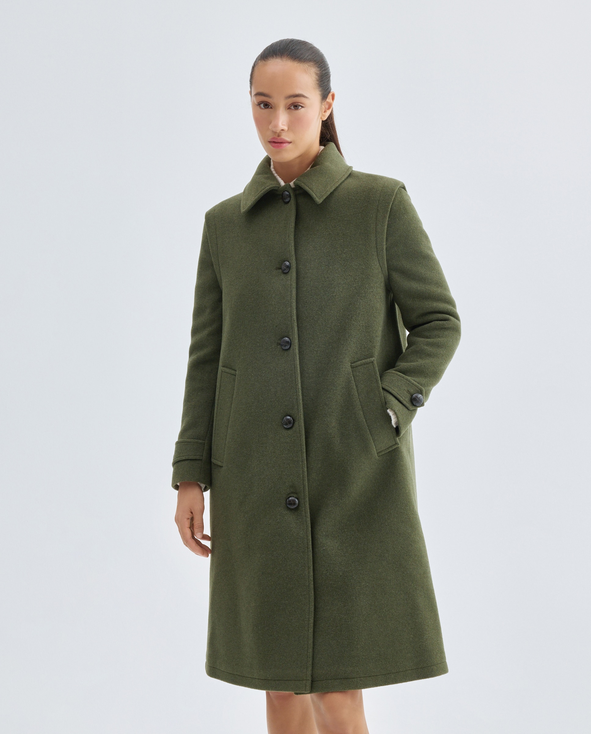 Abrigo de paño  mujer liso 530 Verde oscuro-2