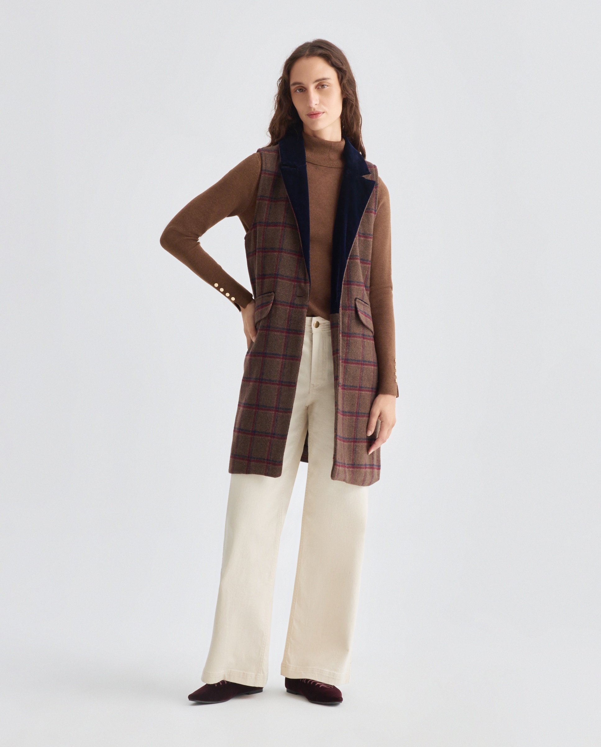 Chaleco de paño midi de mujer con detalles terciopelo Multicolor-2