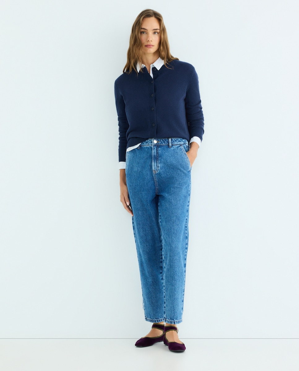 Cardigan de mujer cuello caja 100% lana Azul marino-1