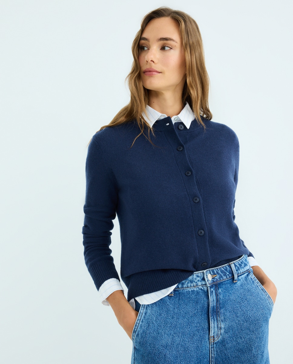 Cardigan de mujer cuello caja 100% lana Azul marino-2