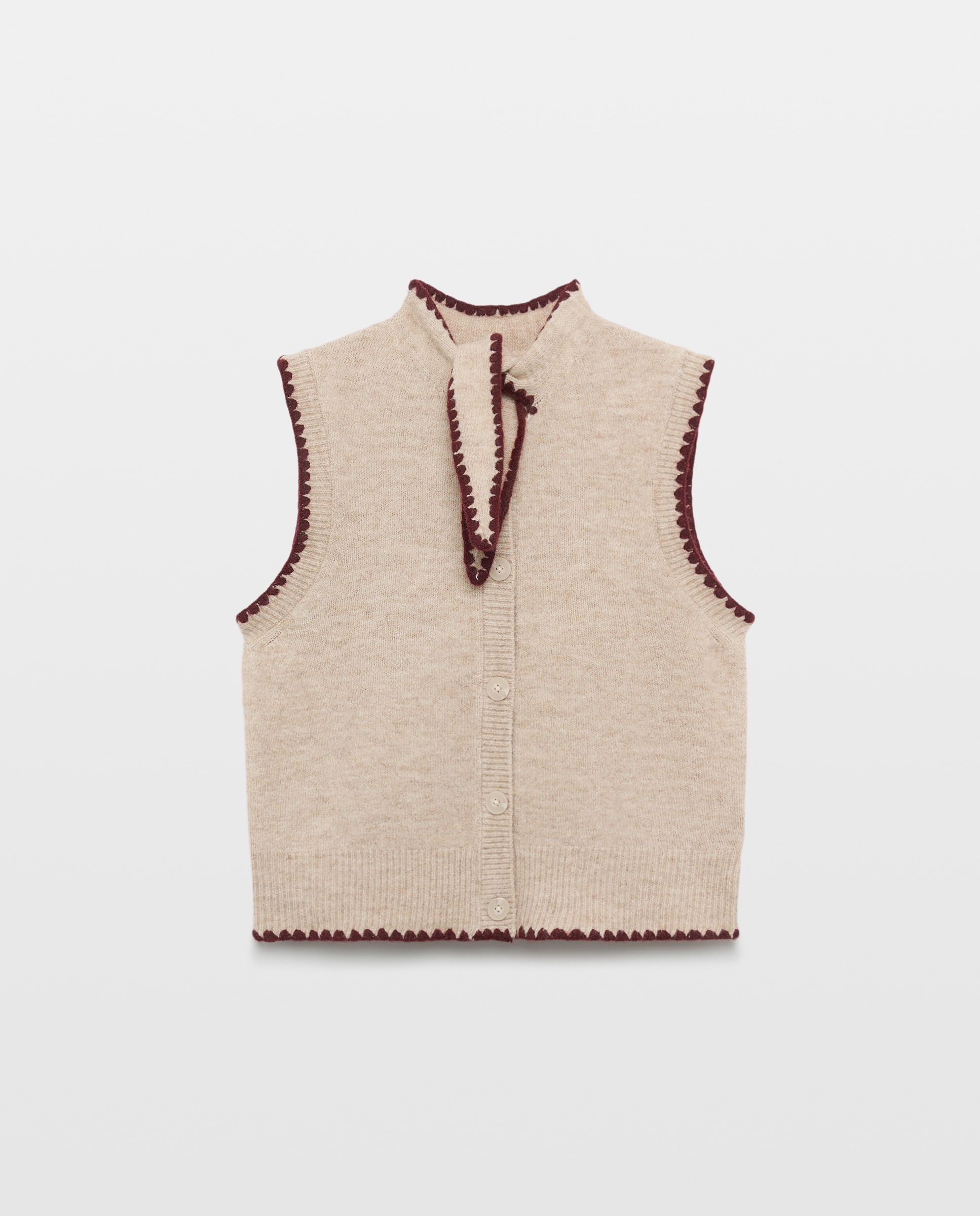 Chaleco de punto de mujer contrastes y lazada Beige-4