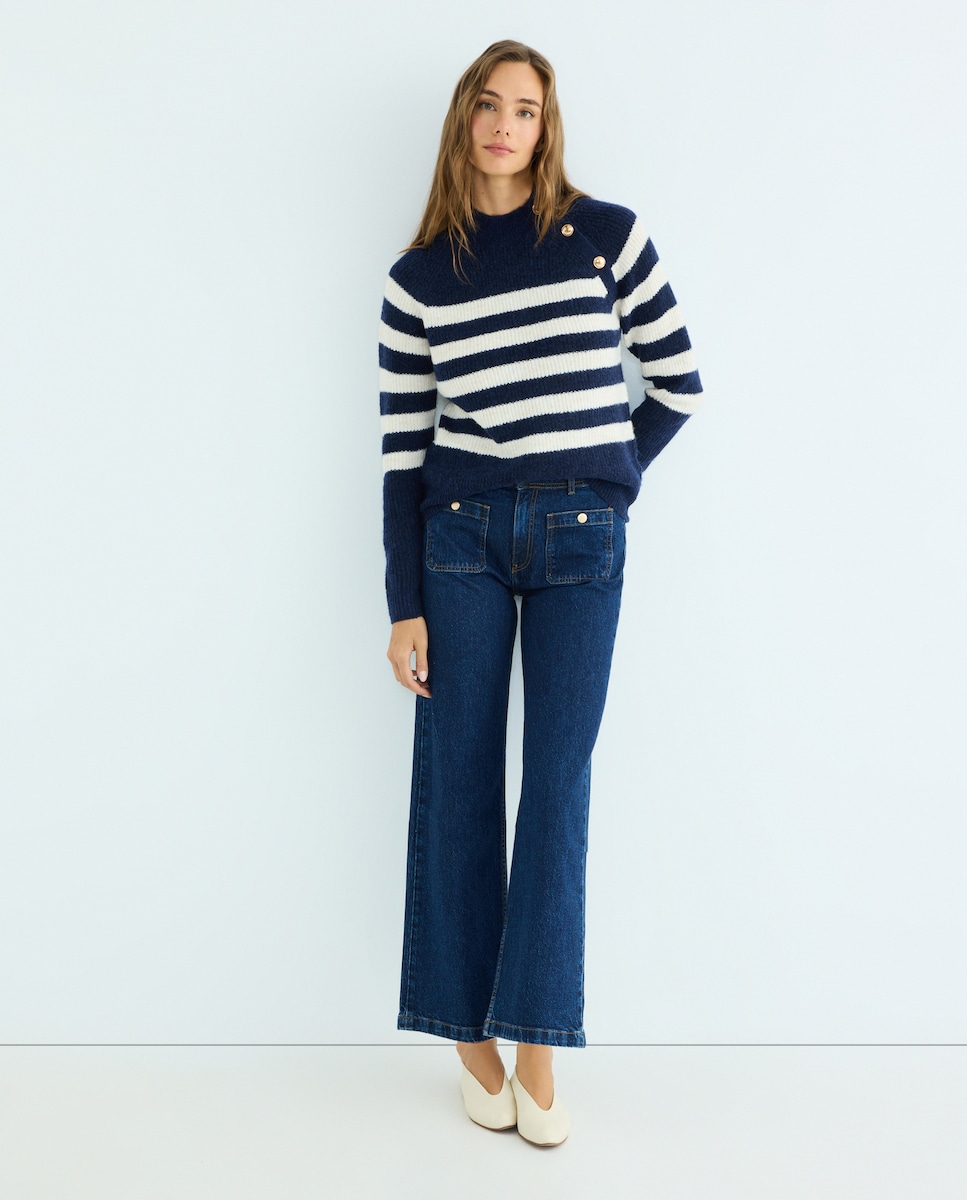 Jersey de mujer cuello perkins y botones frontales Azul-2