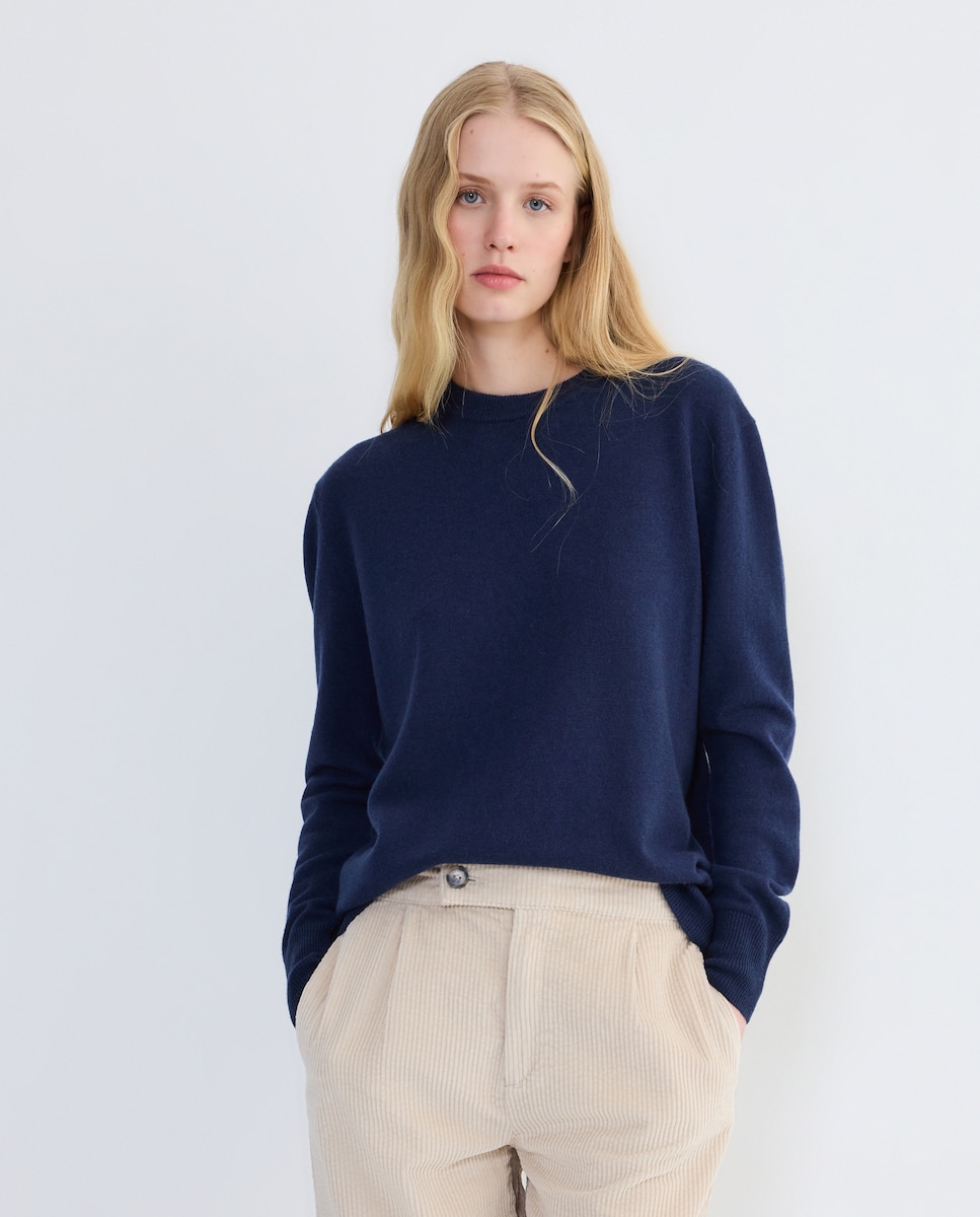 Jersey de mujer cuello caja 100% lana Azul marino-1